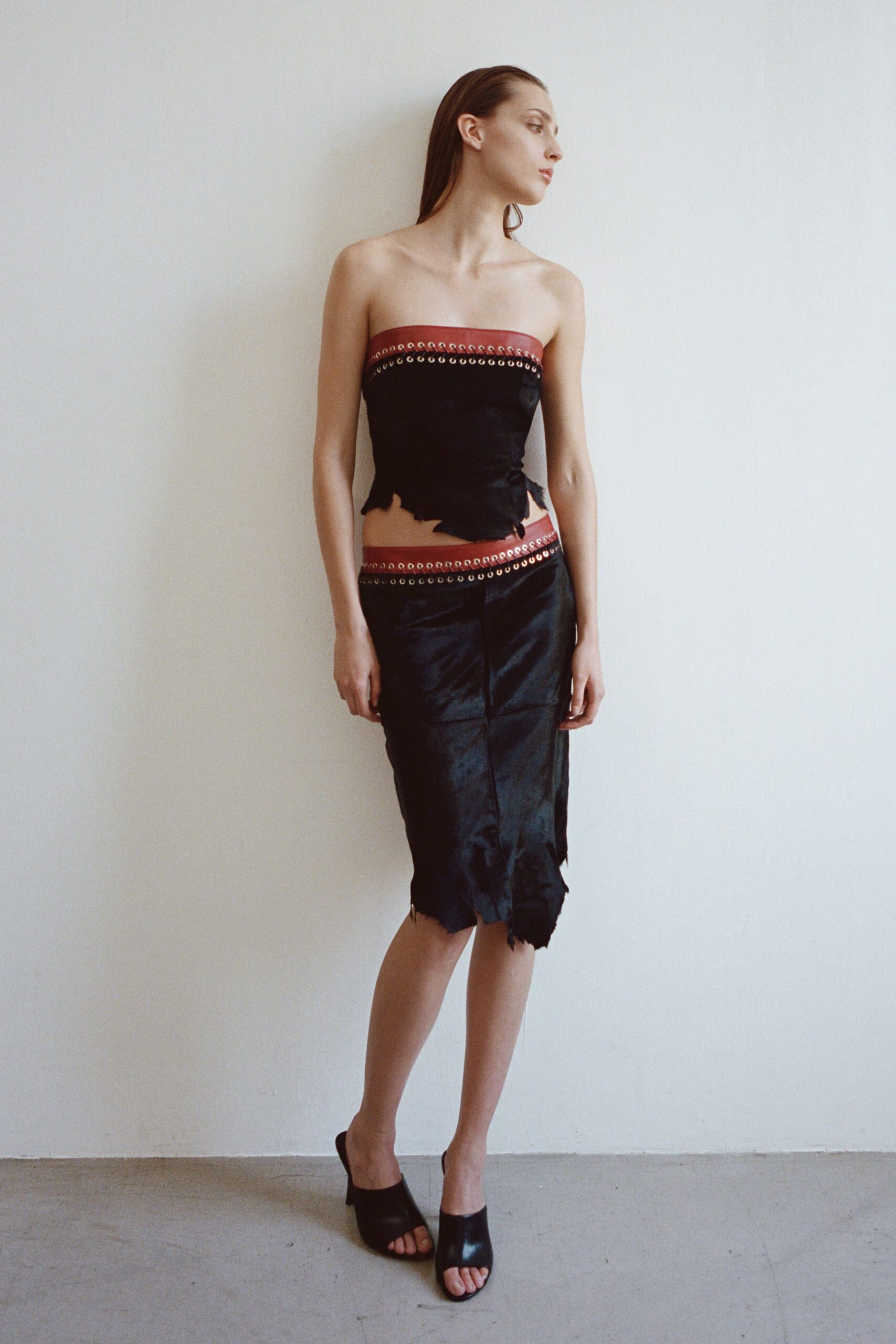 black silk strapless fitted embellished top