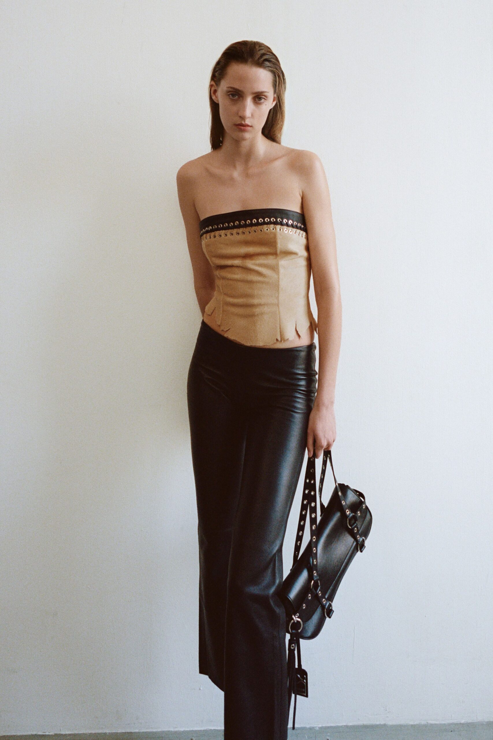 beige leather strapless fitted zippered corset