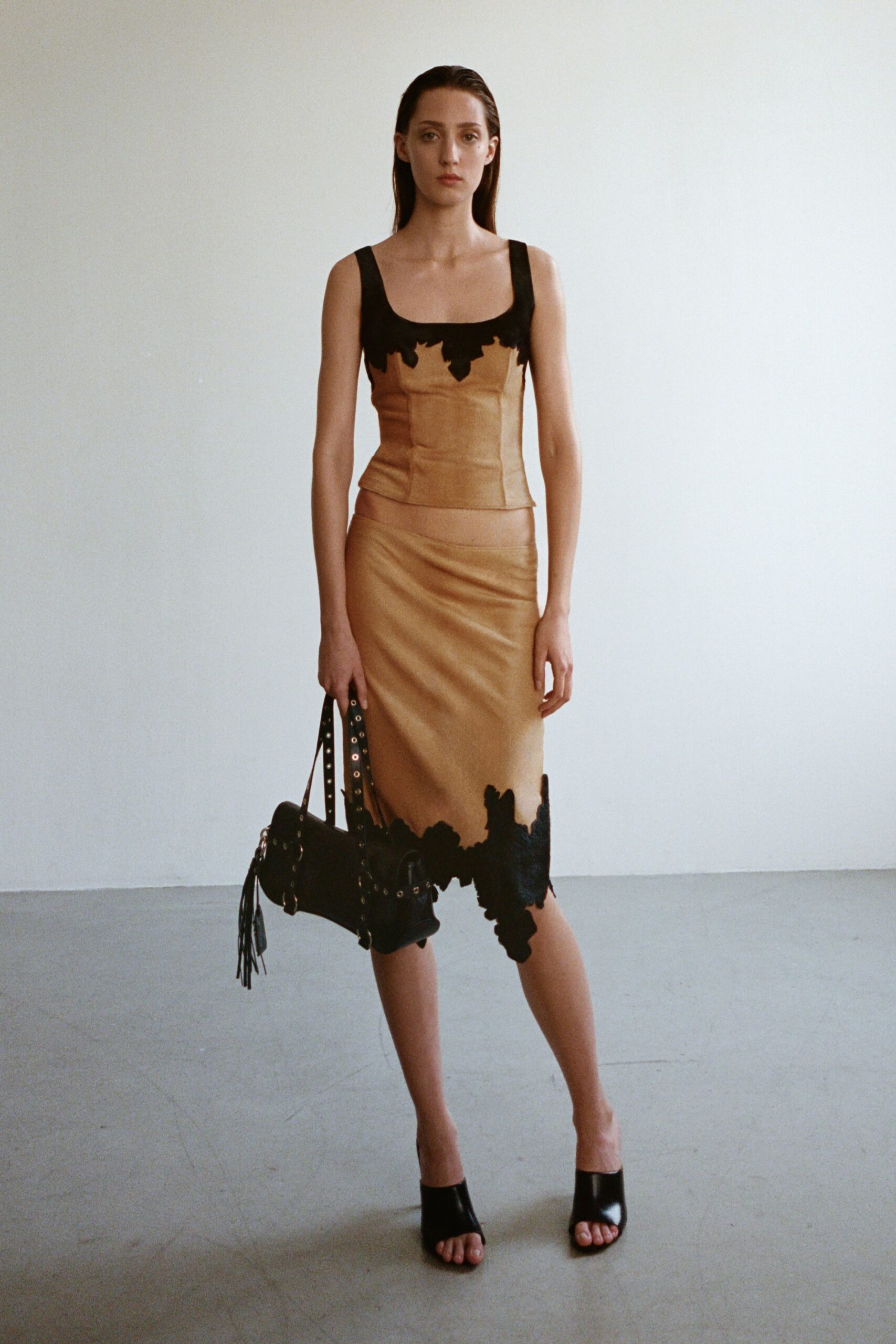 beige silk sleeveless square-neck fitted ruched embroidered dress