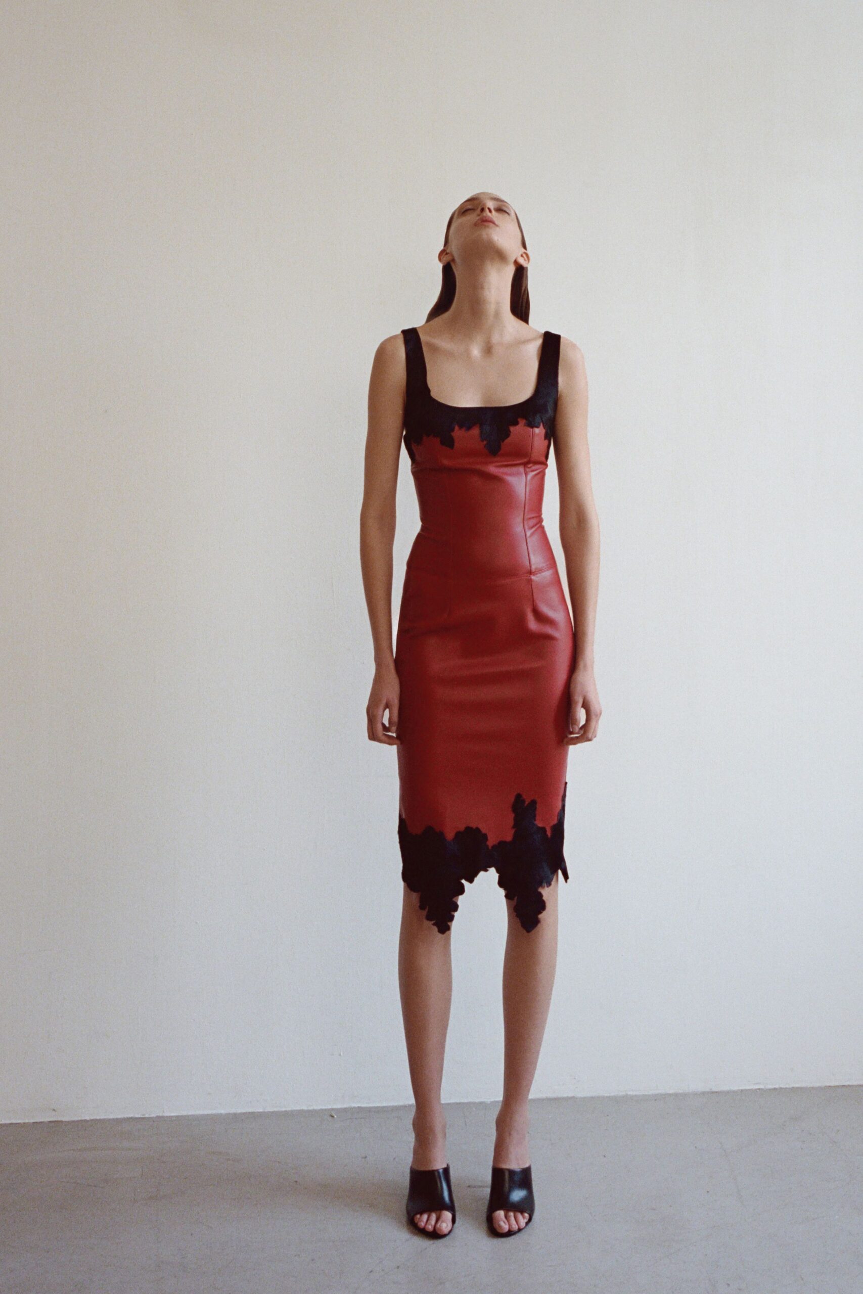 red leather sleeveless square-neck fitted ruched embellished dress