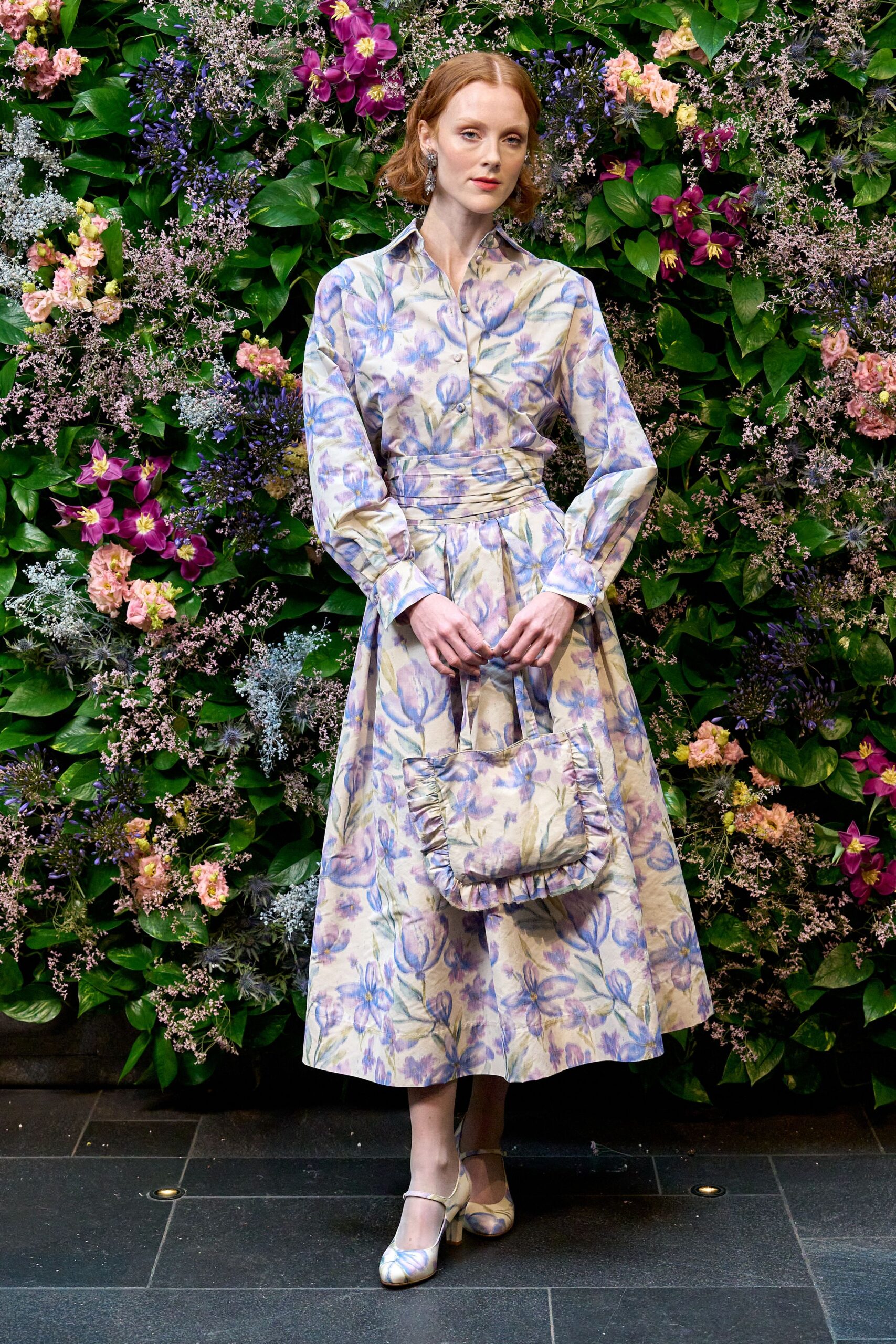 purple cotton long-sleeve collared fitted floral belted dress