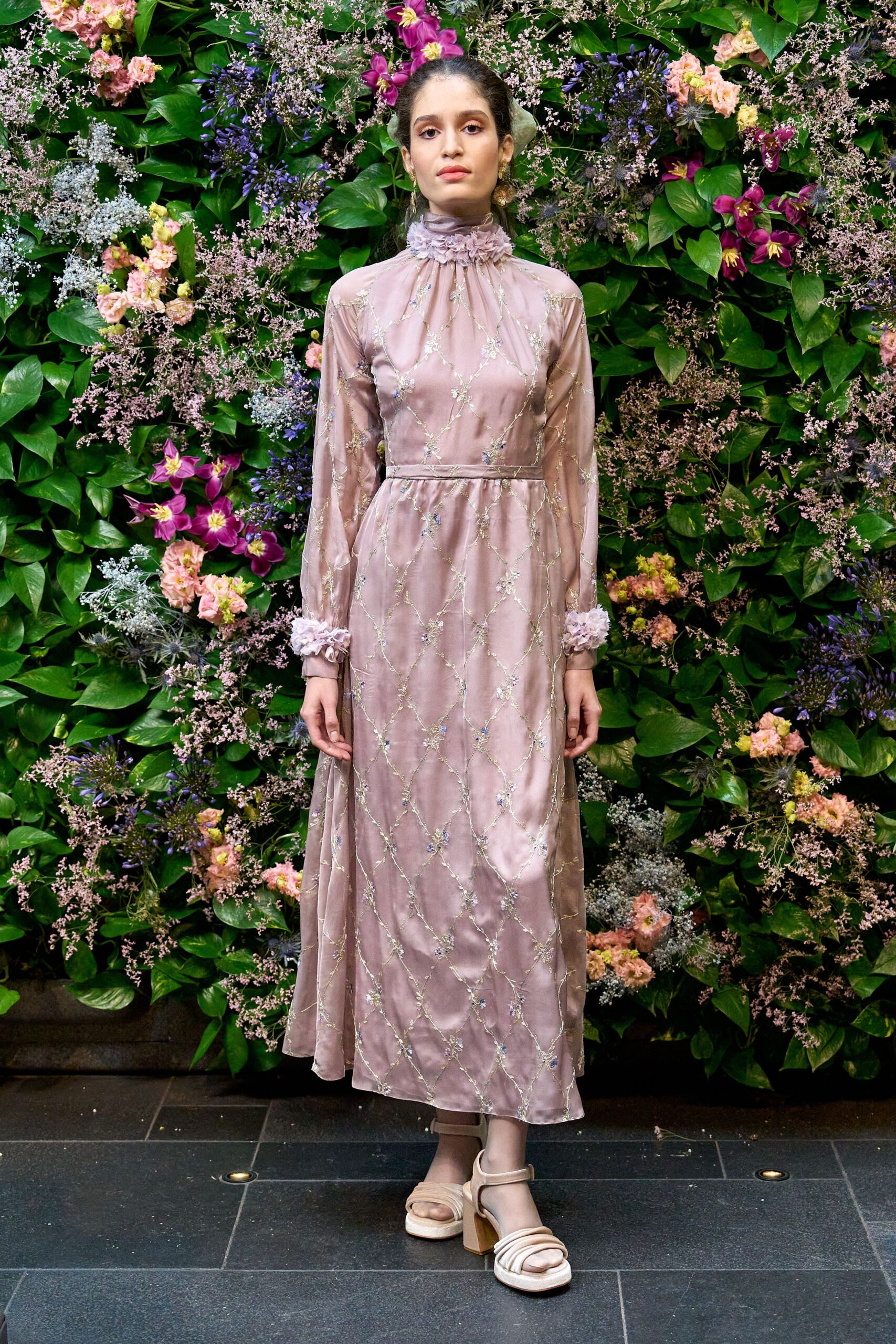 pink silk long-sleeve high-neck fitted embroidered tiered gown