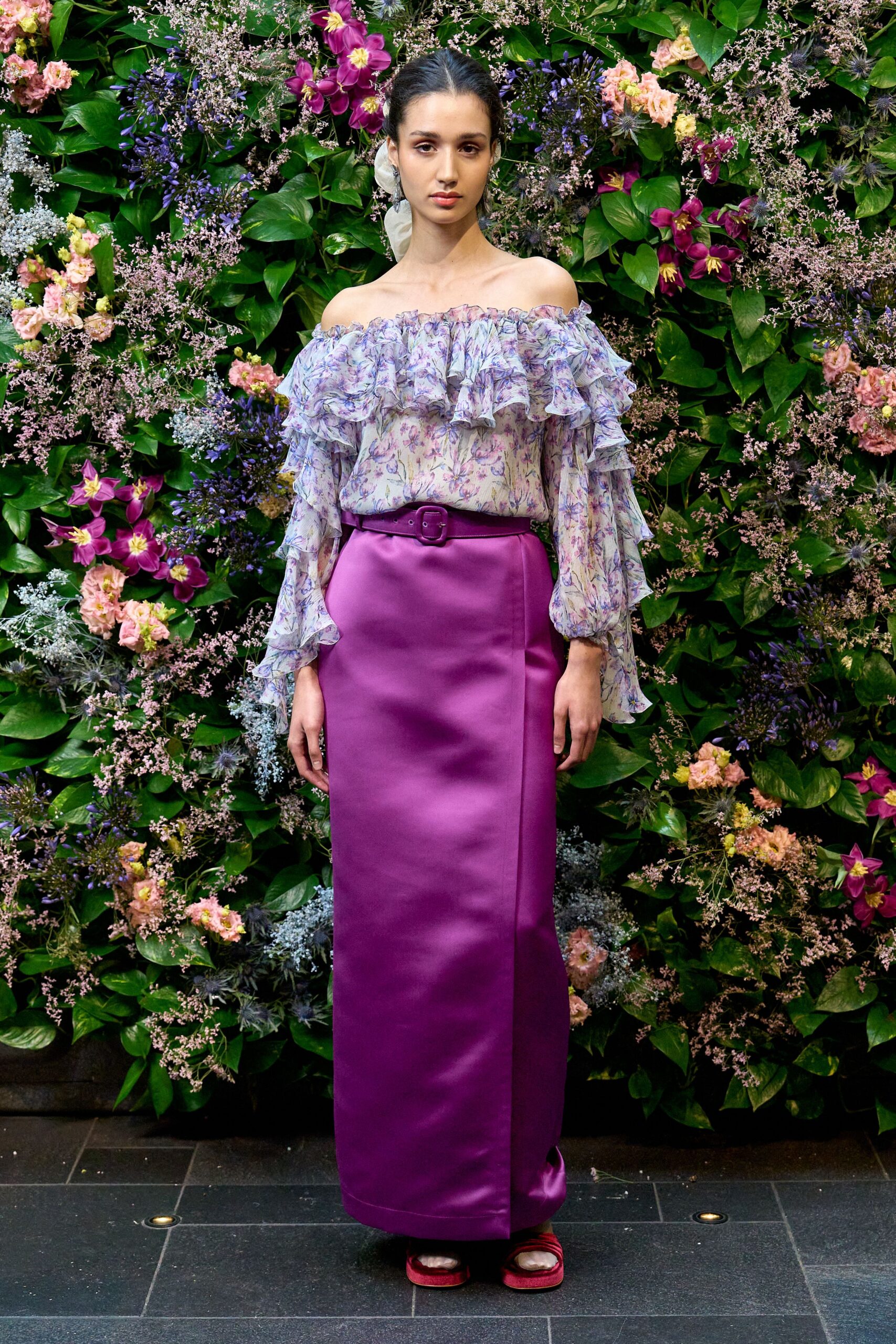 purple satin fitted straight-leg belted midi skirt