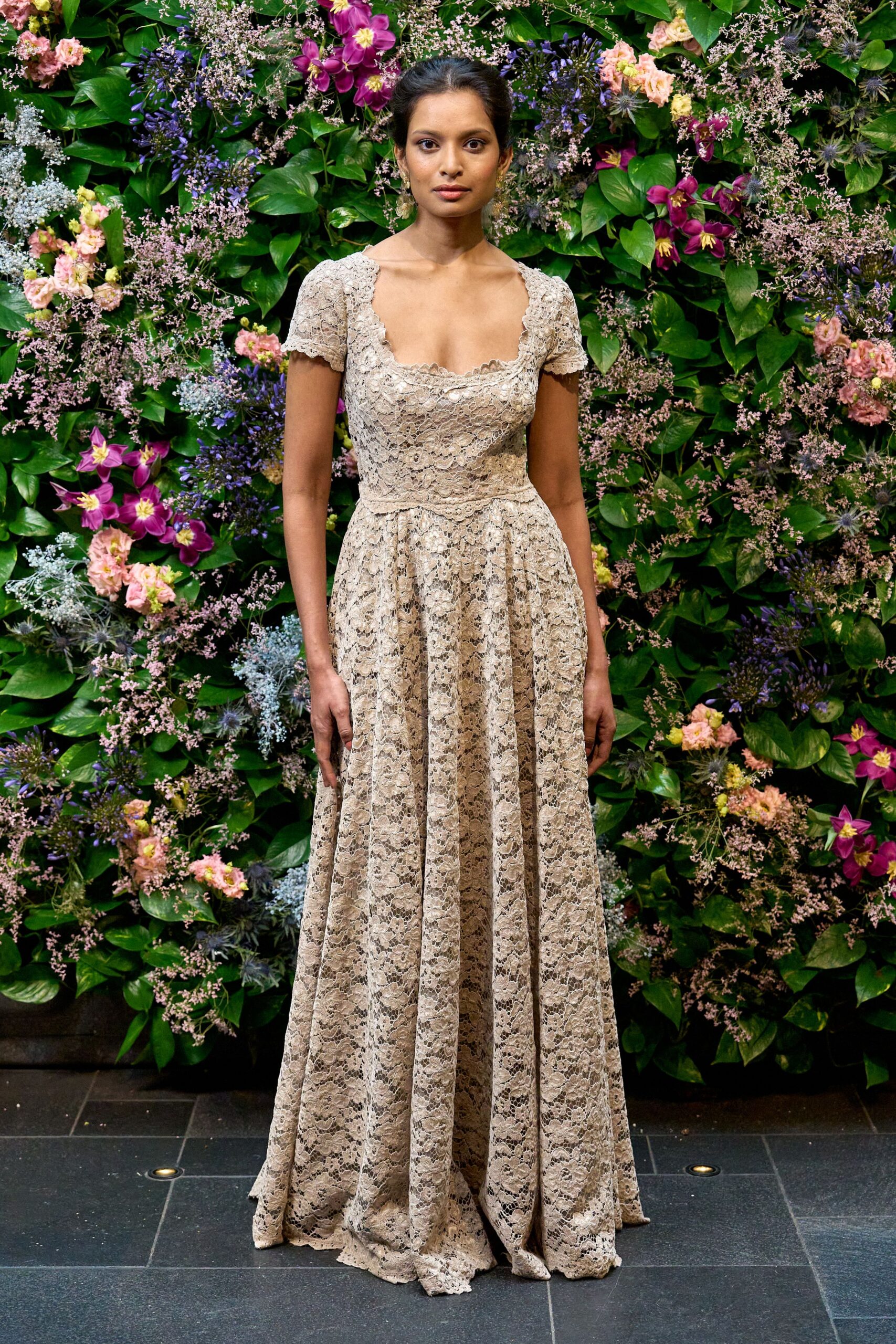 beige lace fitted gown