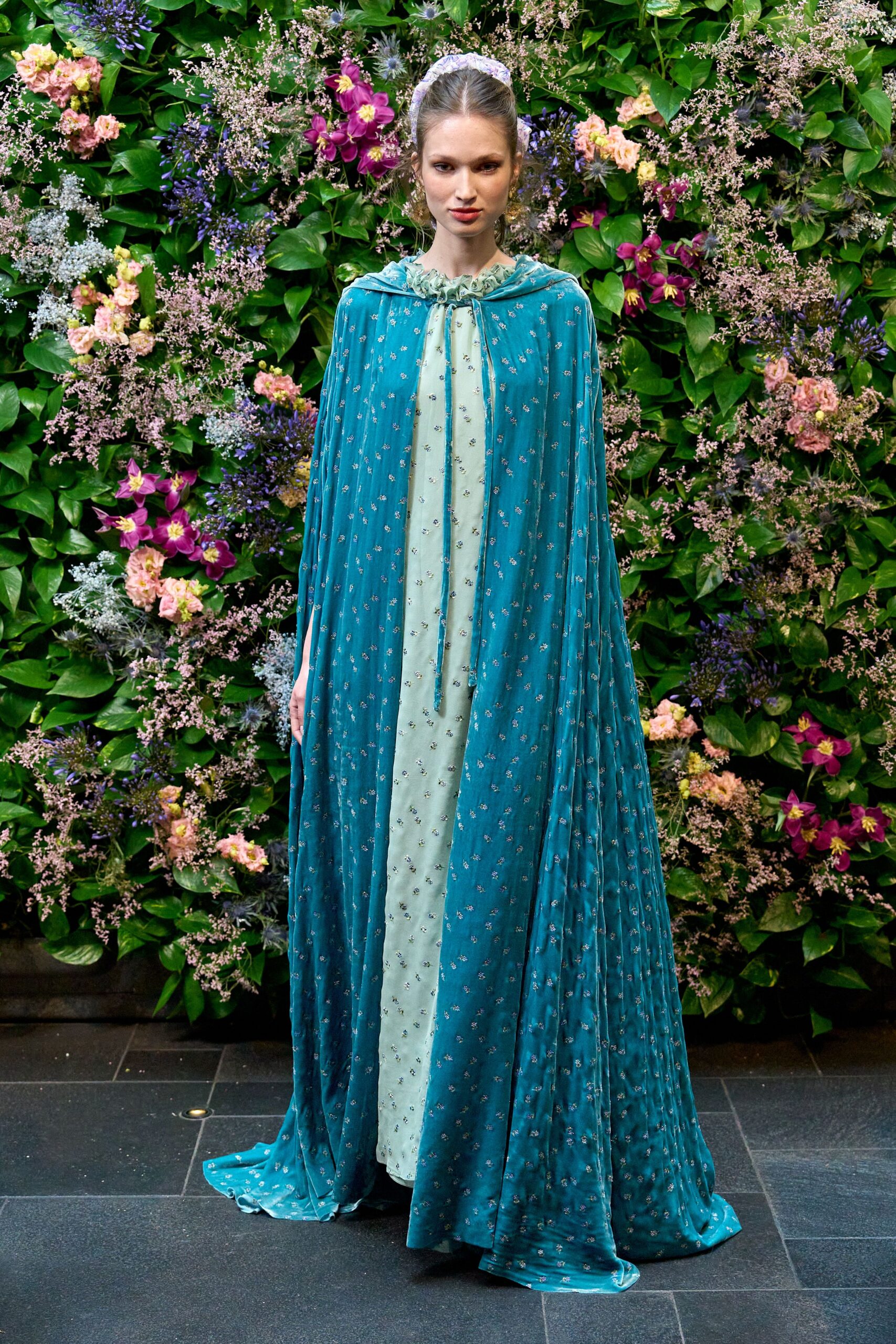 teal silk long-sleeve collared relaxed pleated flowing cape