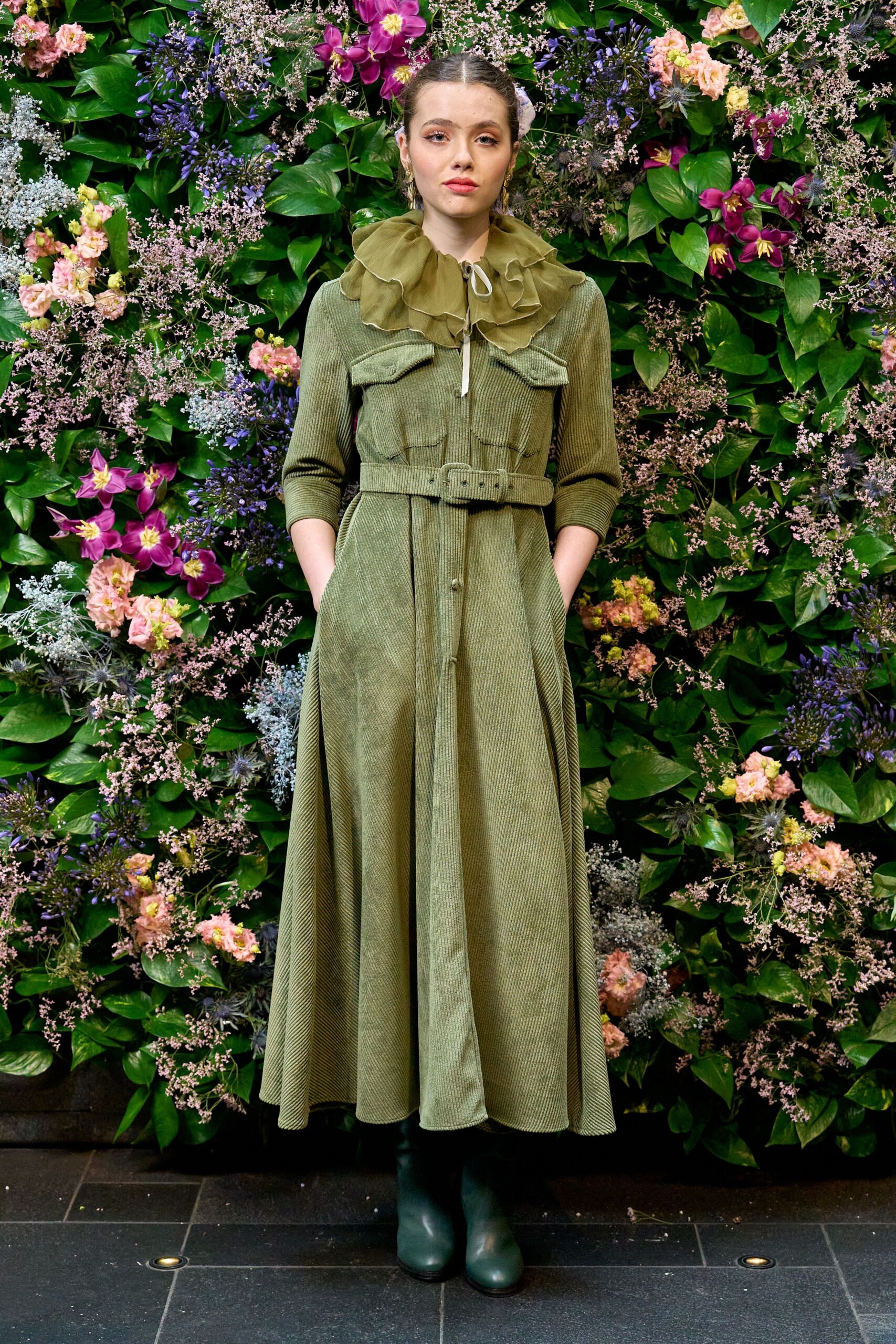 green cotton long-sleeve collared fitted pleated belted dress