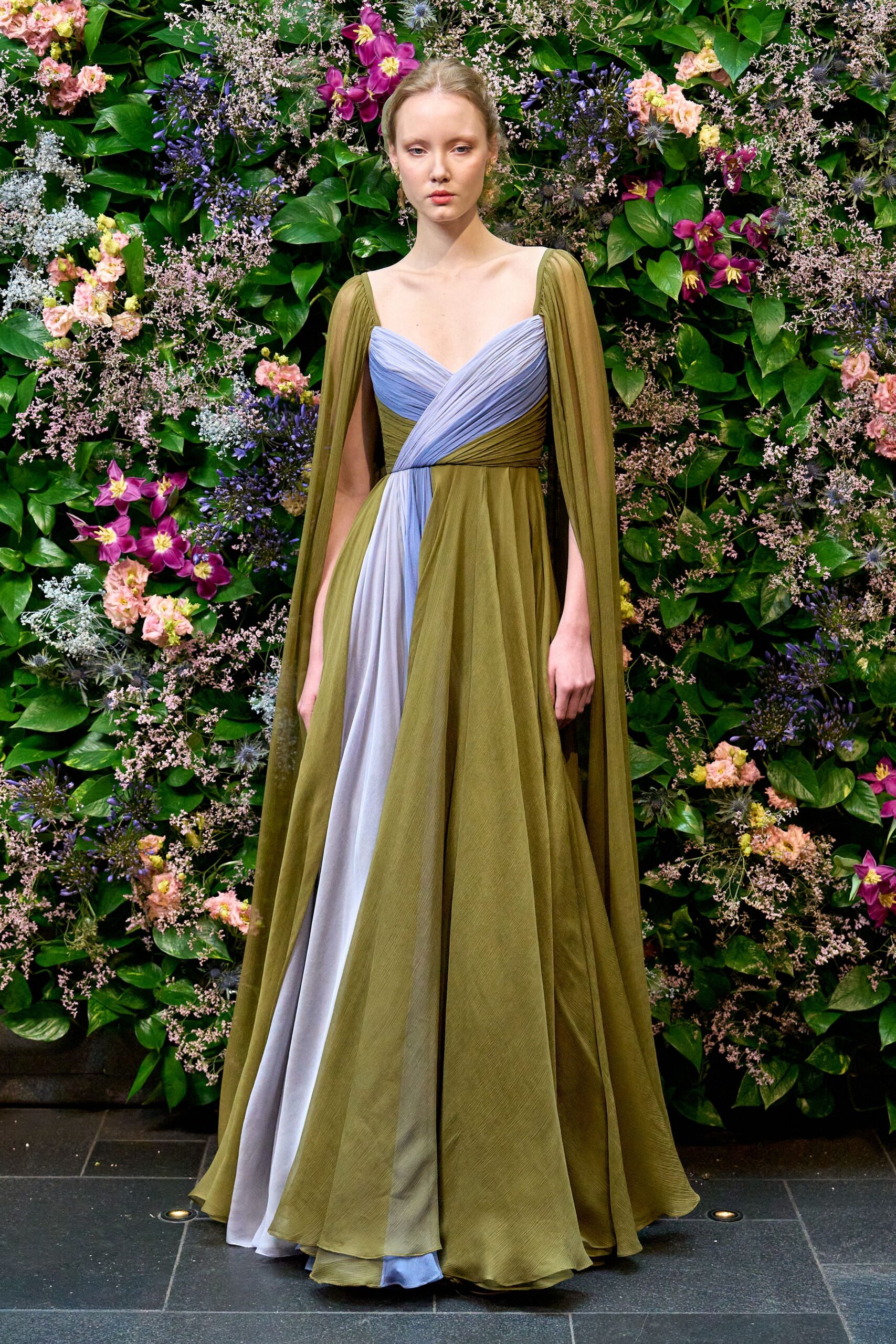 olive and lavender draped gown