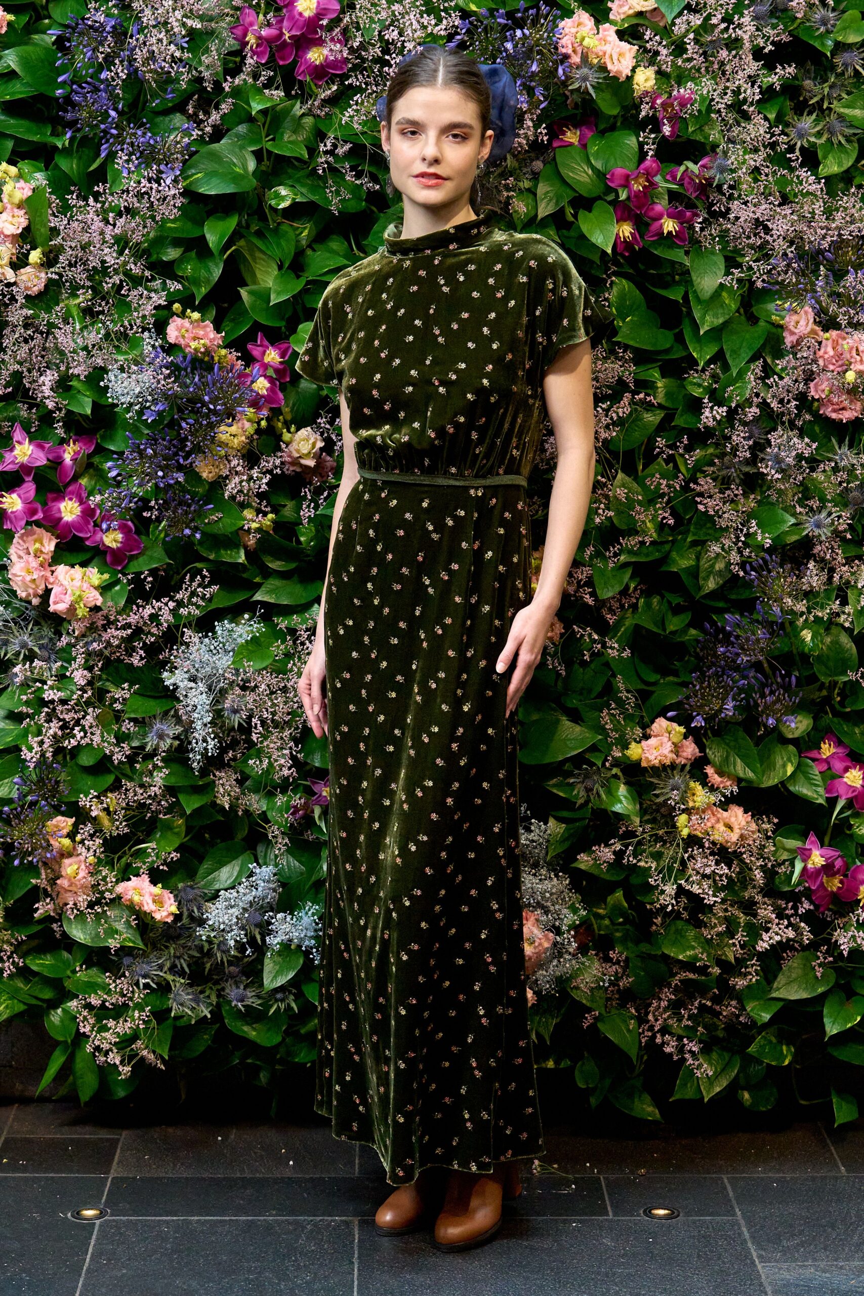 green velvet short-sleeve high-neck fitted embroidered maxi gown