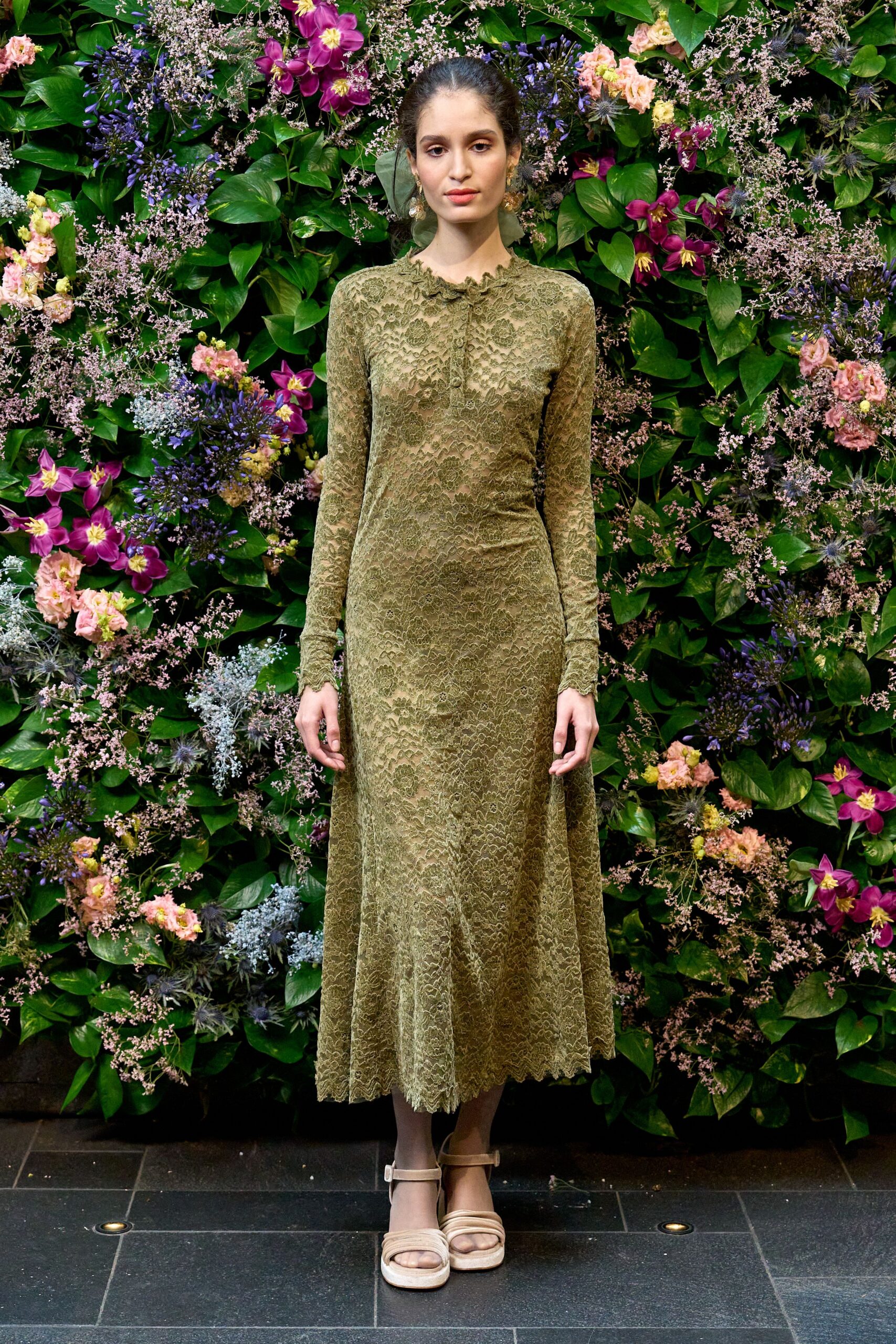 green lace long-sleeve high-neck fitted embroidered flared dress