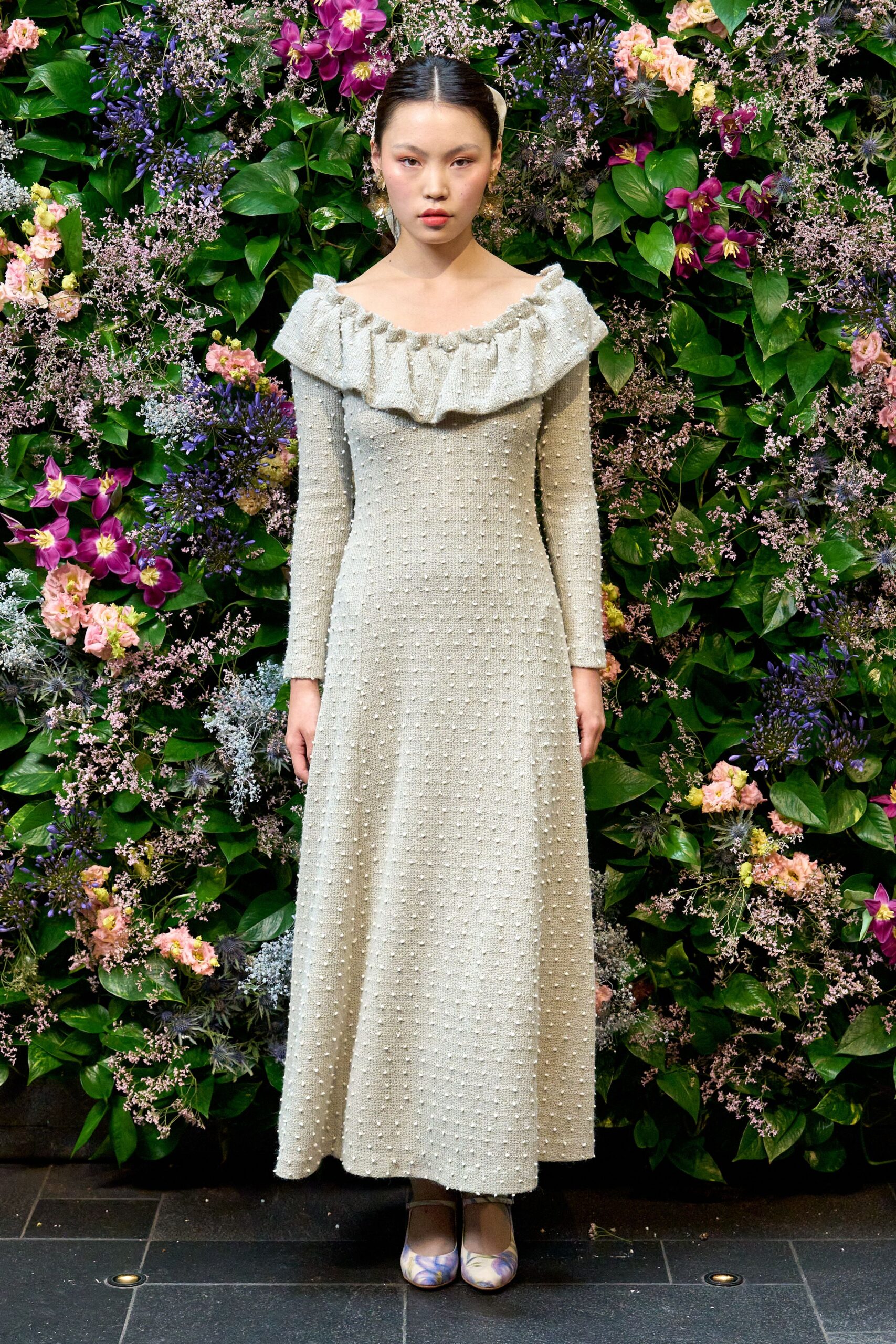 gray silk long-sleeve off-shoulder fitted ruffled embroidered gown