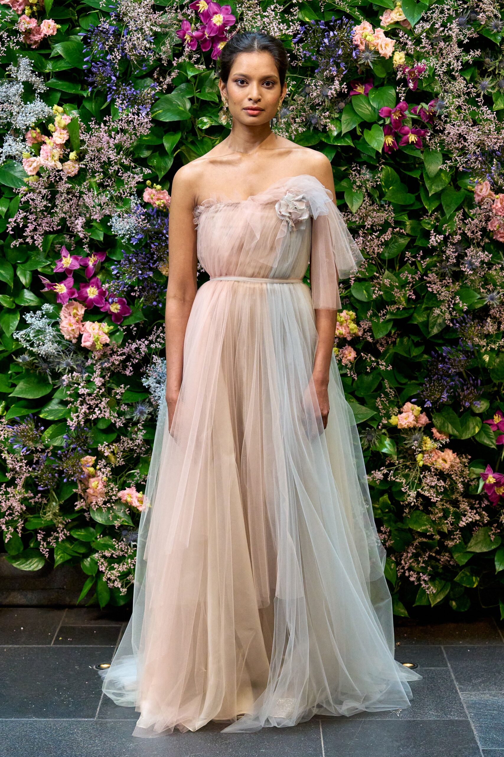 beige and light-blue tulle gown