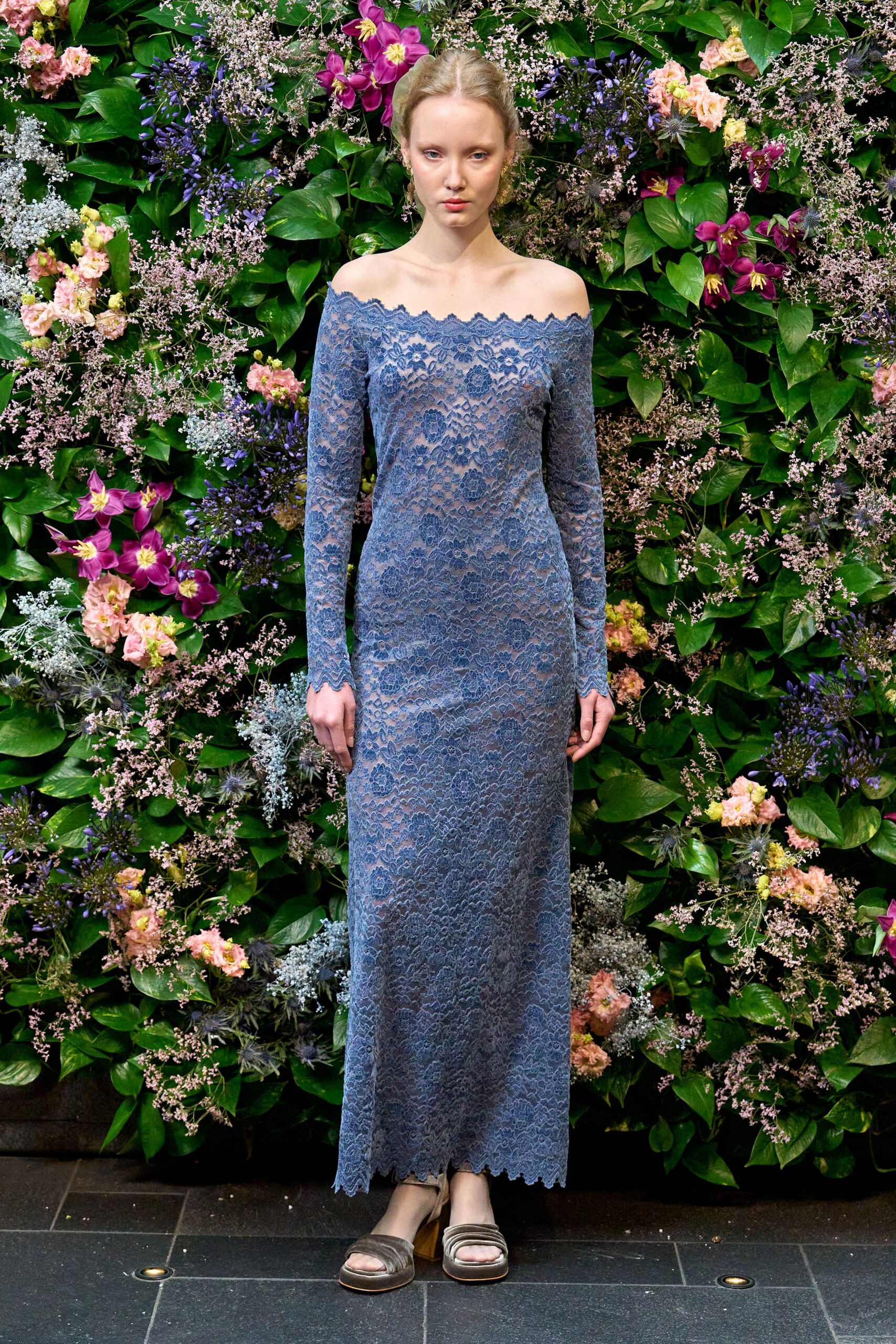 blue lace long-sleeve off-shoulder fitted embroidered maxi gown
