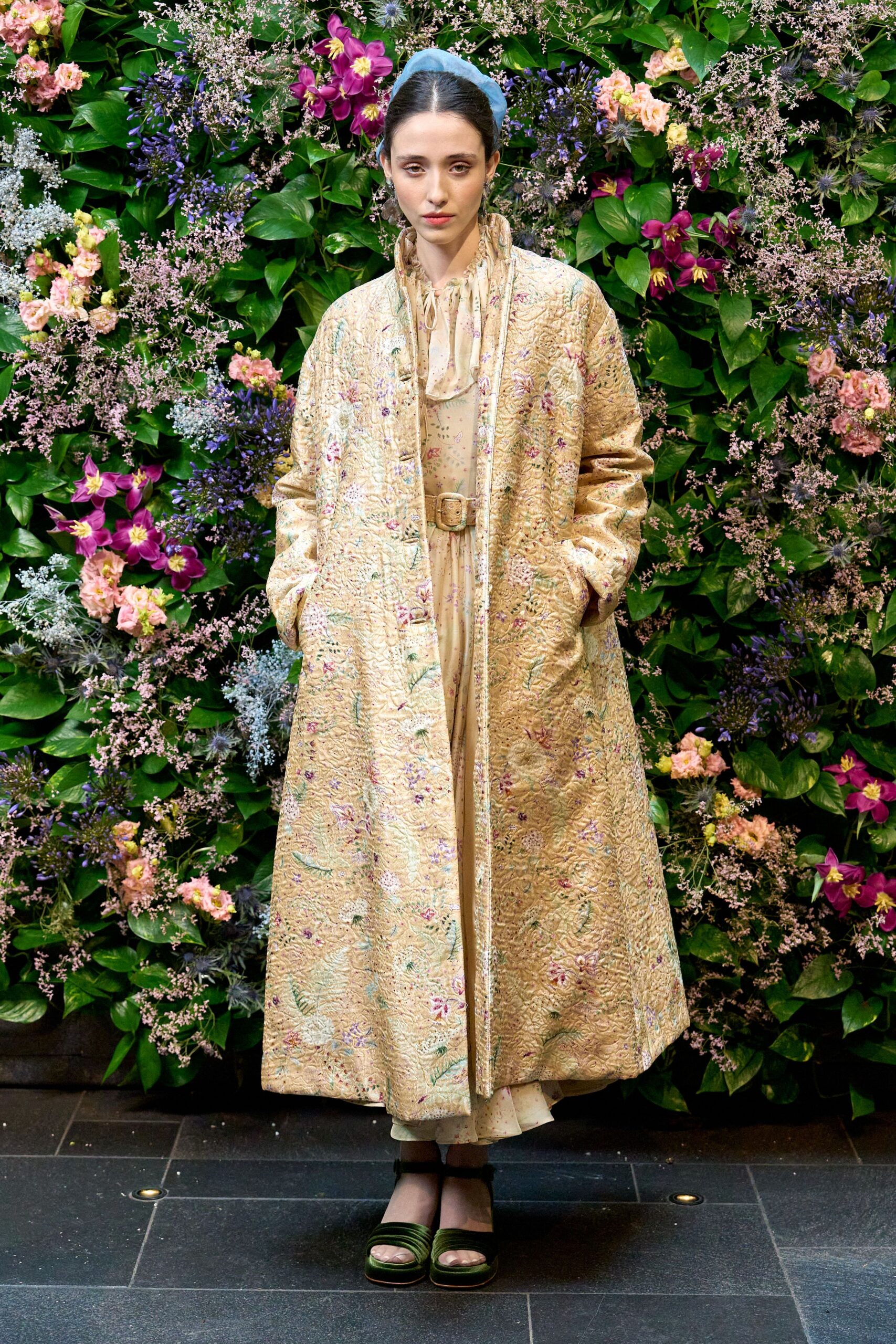 gold silk long-sleeve collared relaxed embroidered belted coat