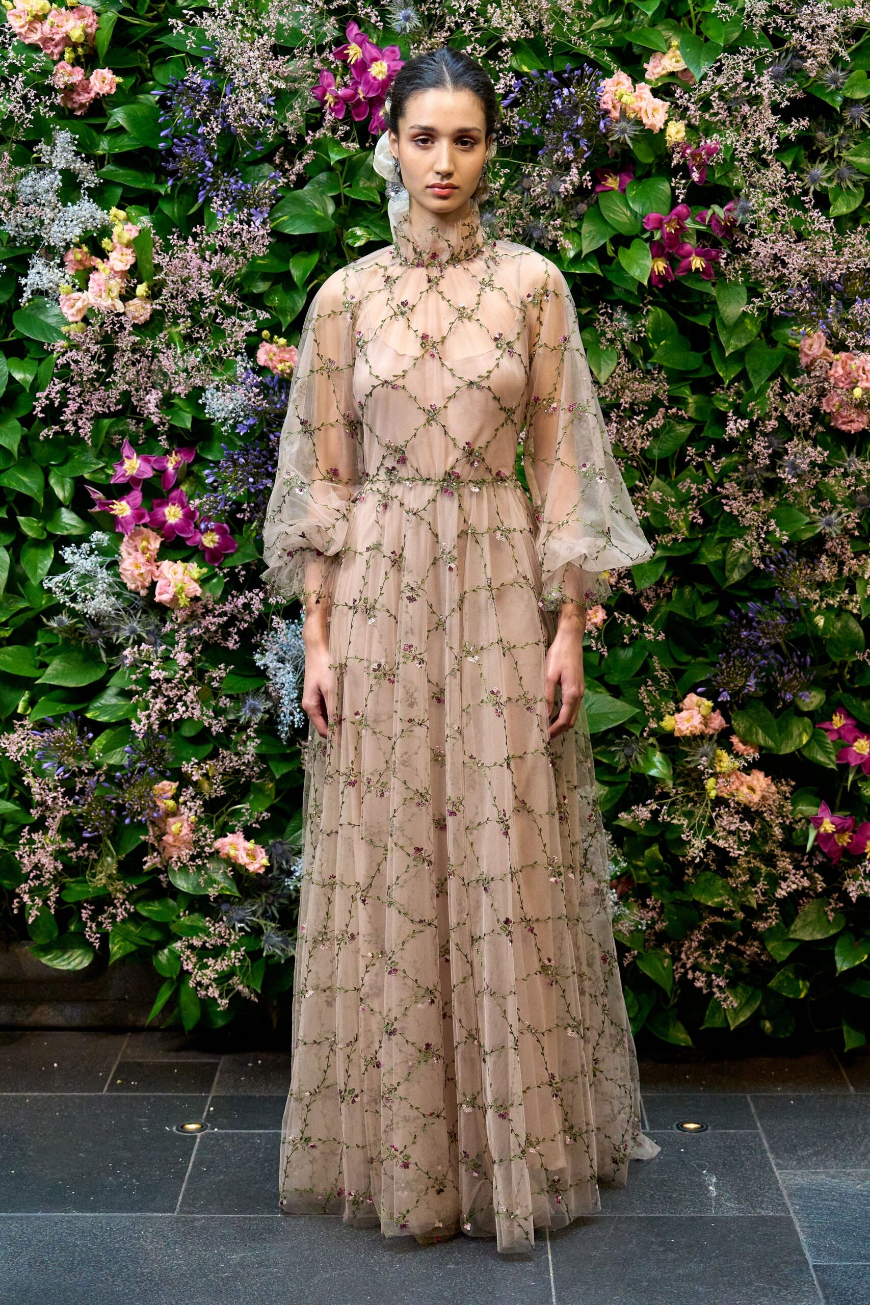 beige embroidered long-sleeve gown