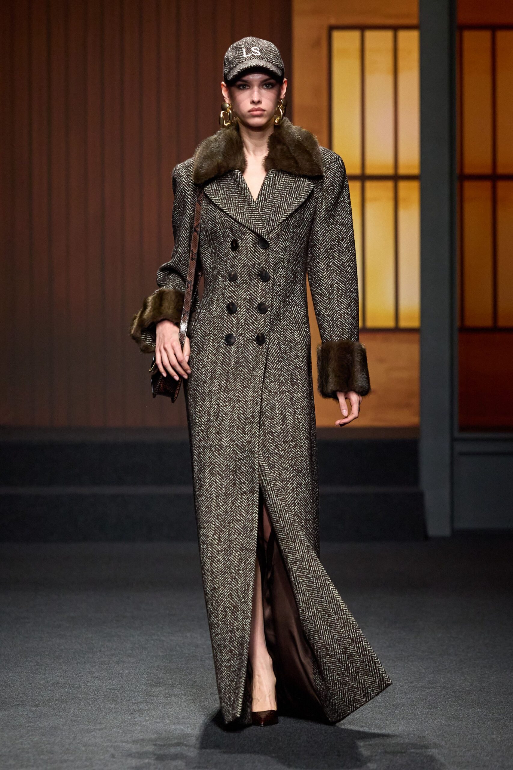 brown wool long-sleeve collared fitted pleated maxi coat