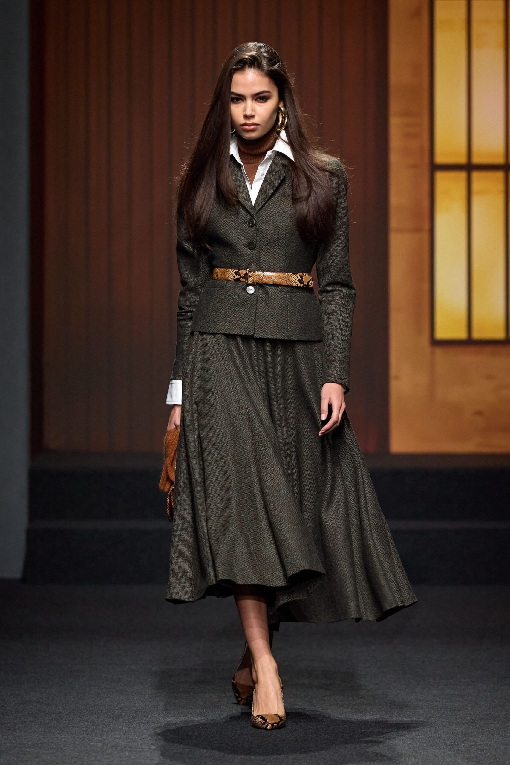 gray wool fitted flared midi skirt