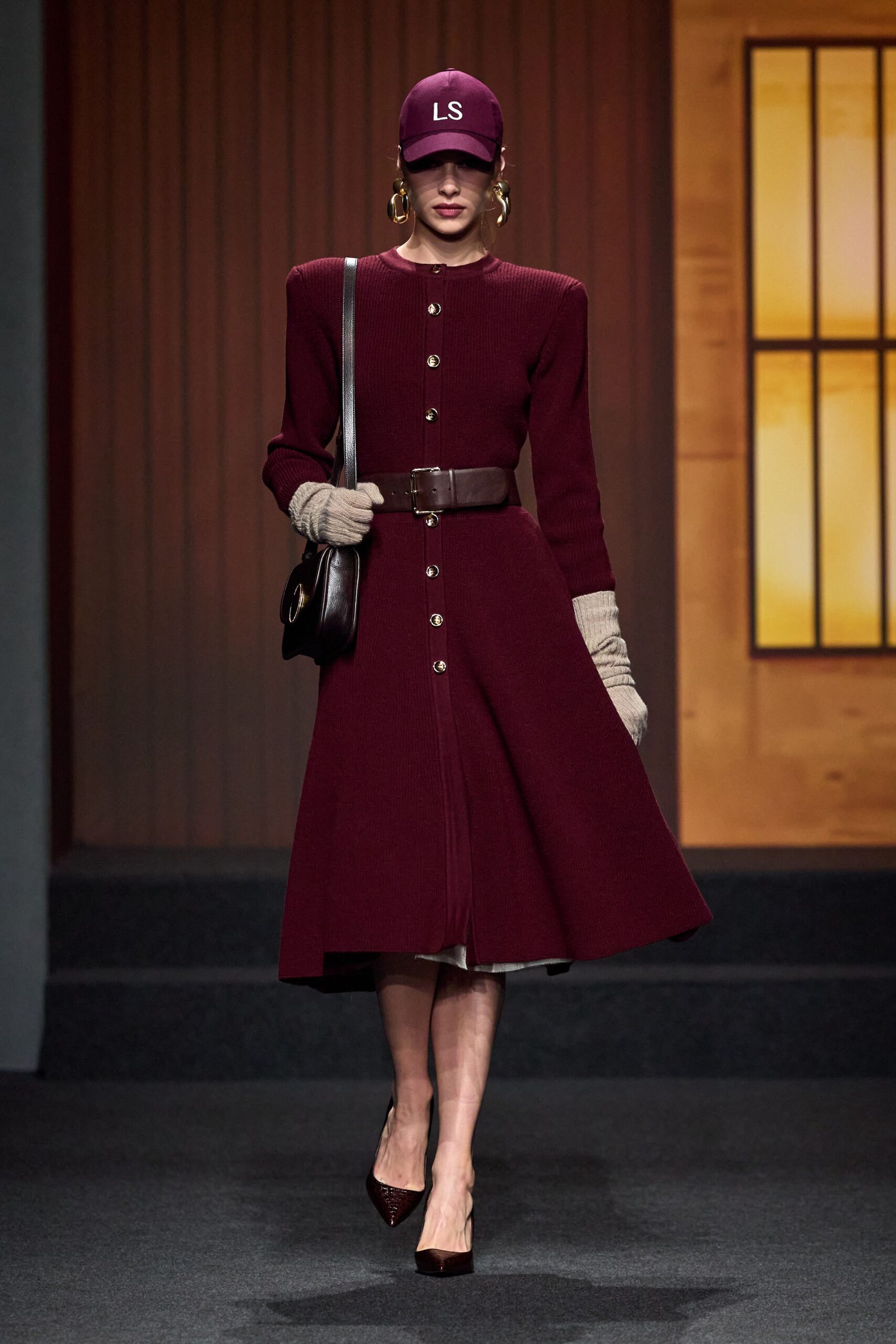 maroon wool long-sleeve collared fitted buttoned pleated dress
