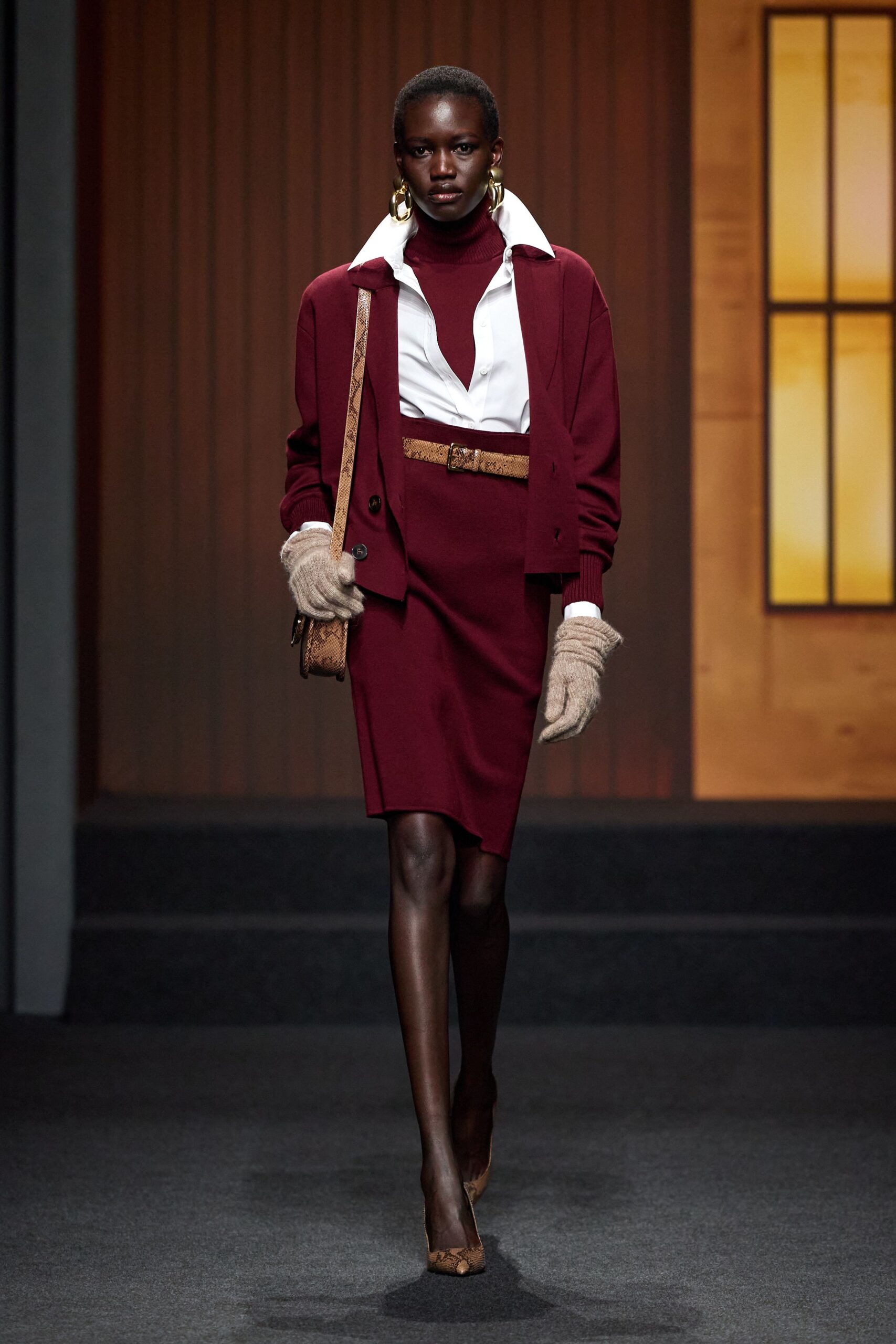 red wool long-sleeve collared structured buttoned jacket