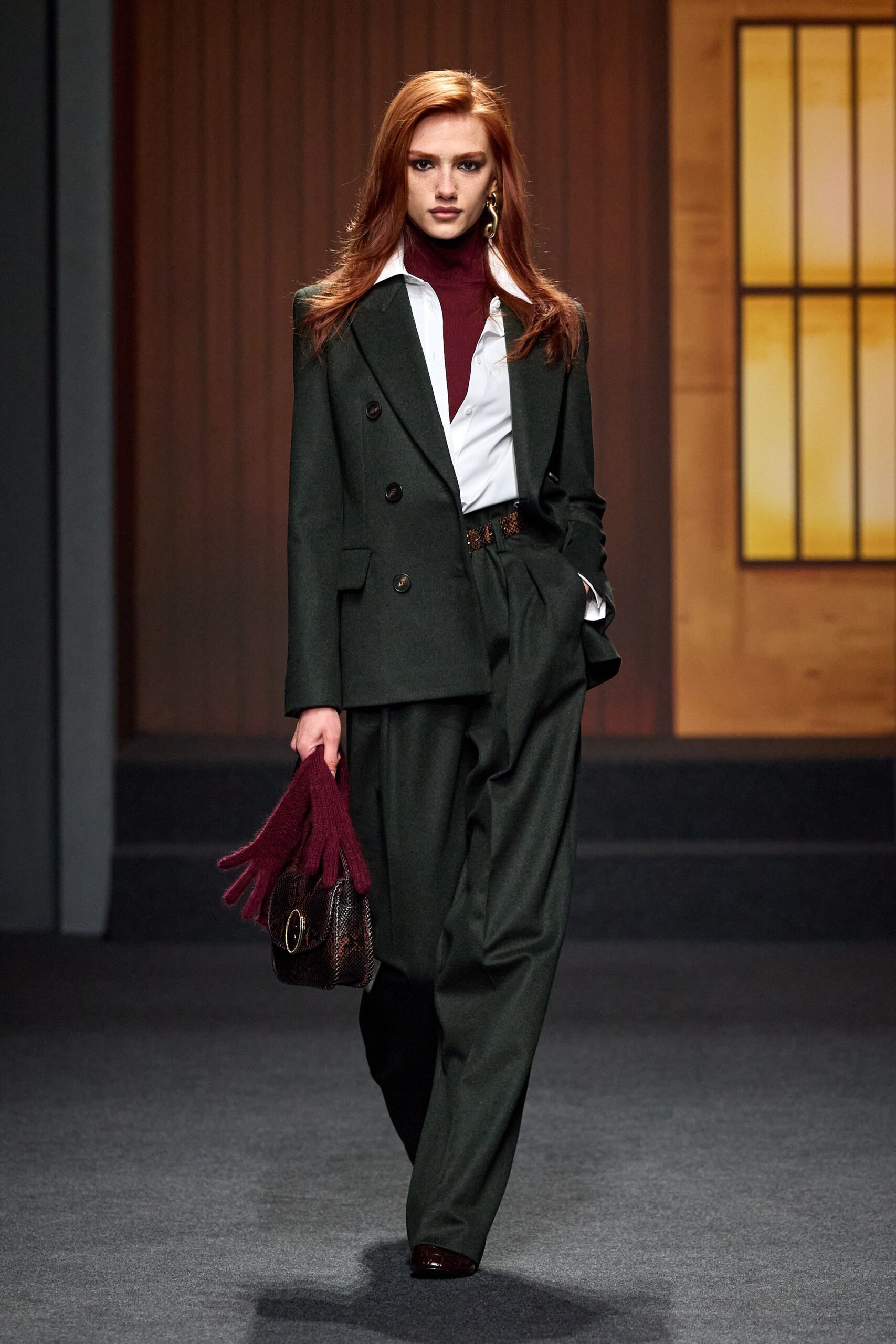 green wool tailored straight-leg pants