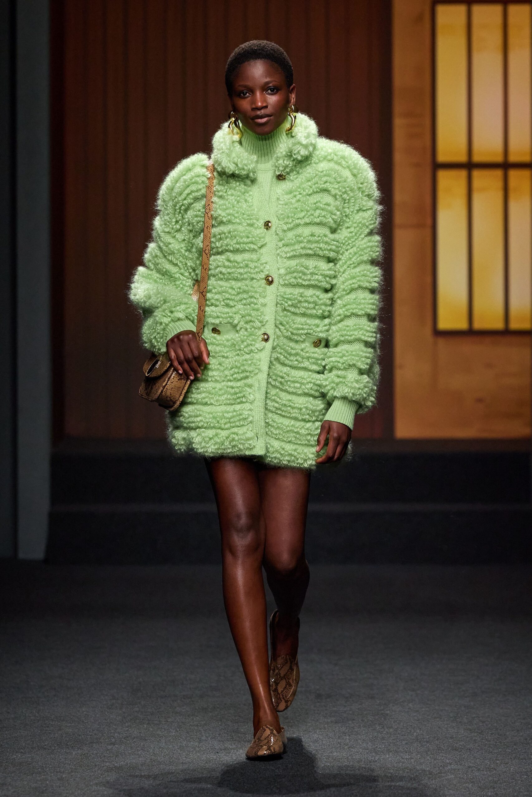 green wool long-sleeve collared relaxed buttoned textured coat