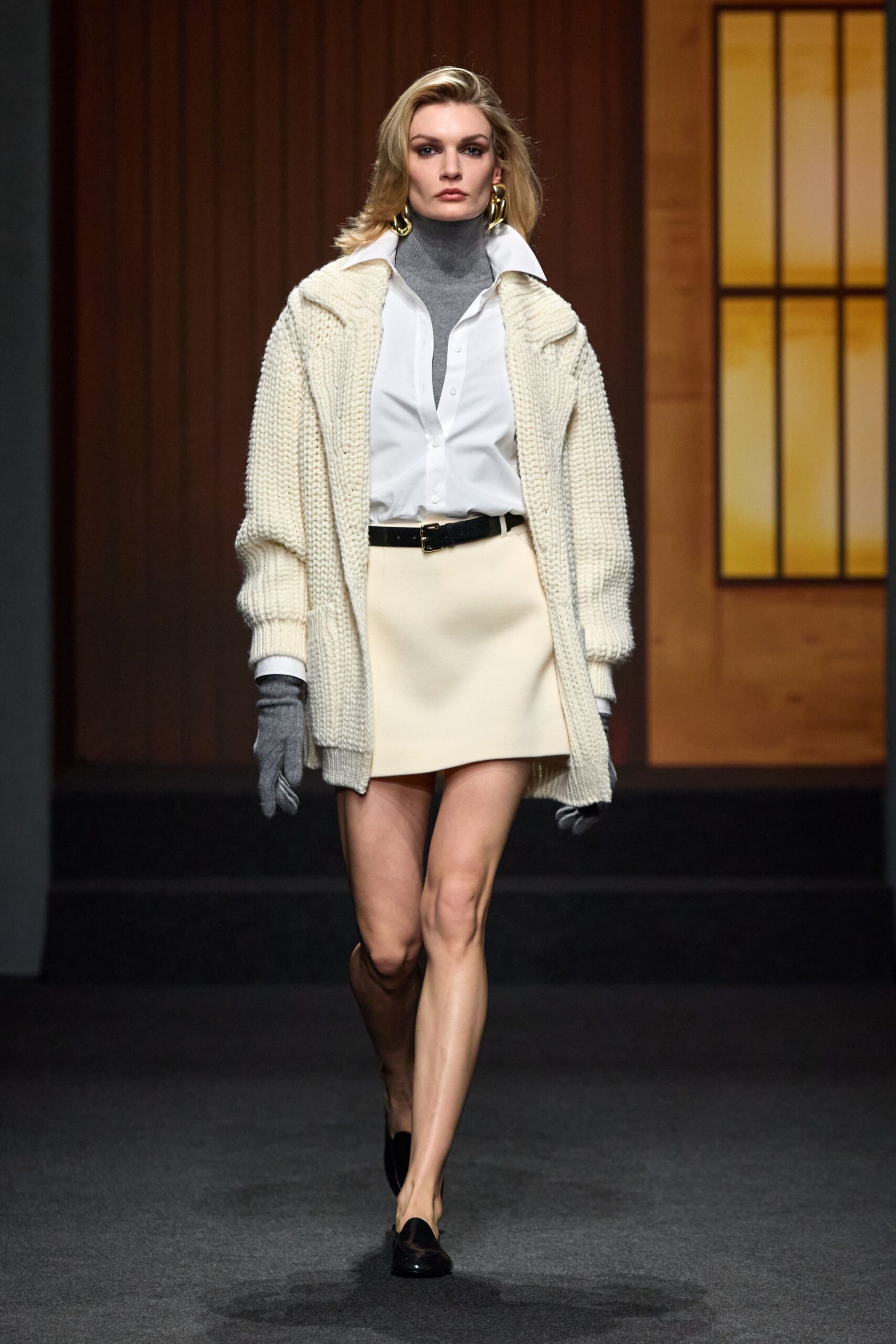 oversized white cardigan with fitted shirt