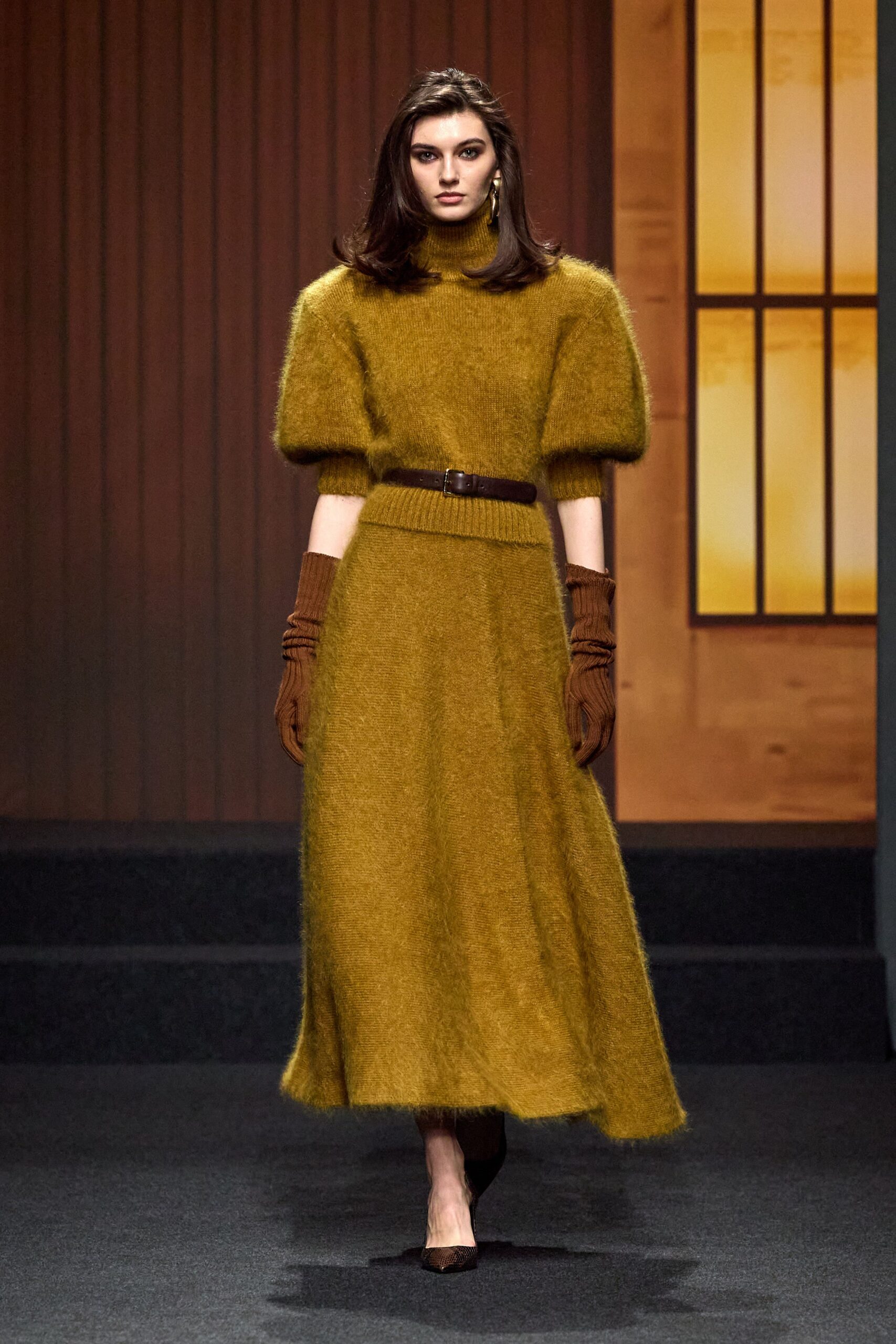 yellow wool long-sleeve high-neck fitted tiered midi dress