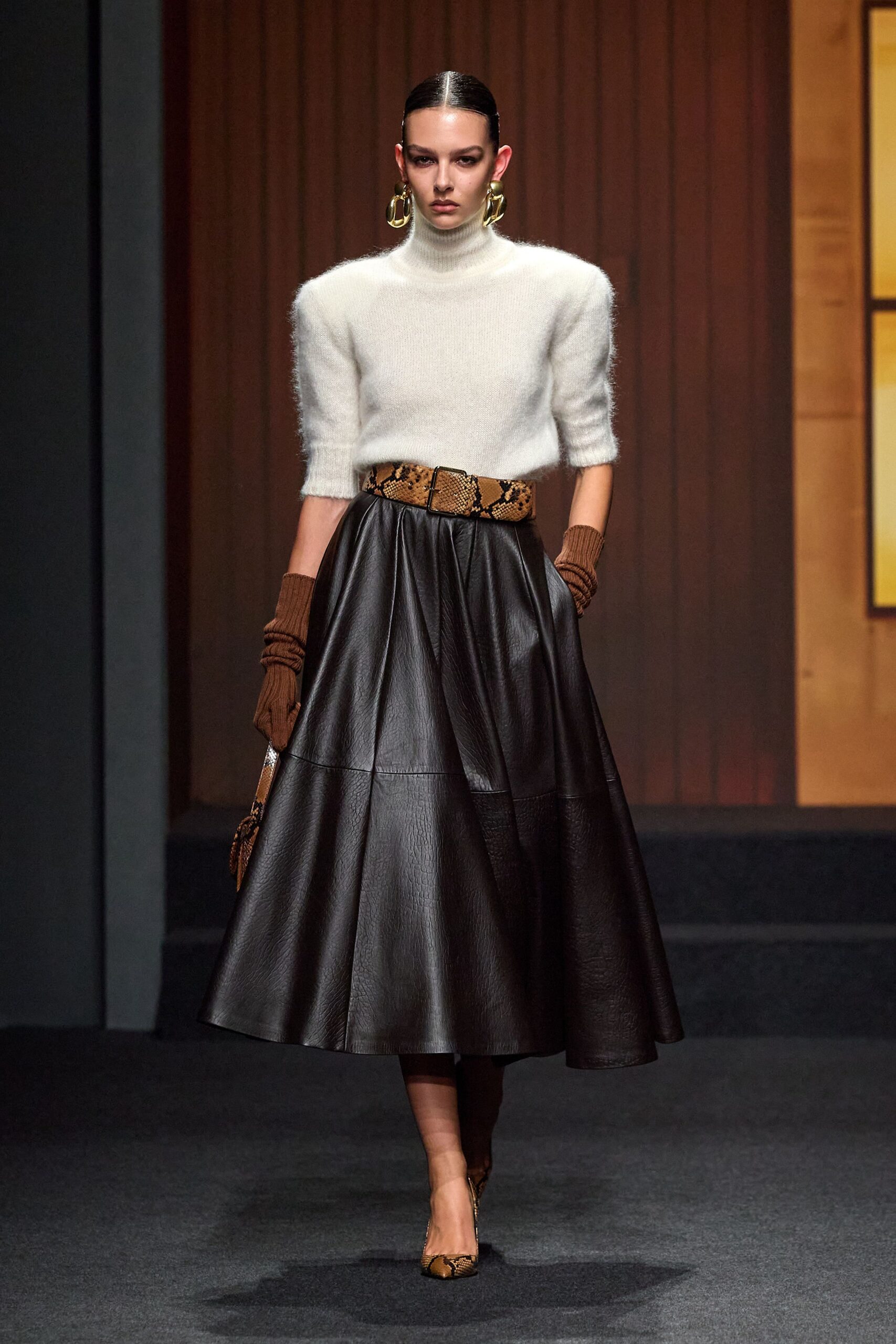 brown leather fitted pleated midi skirt