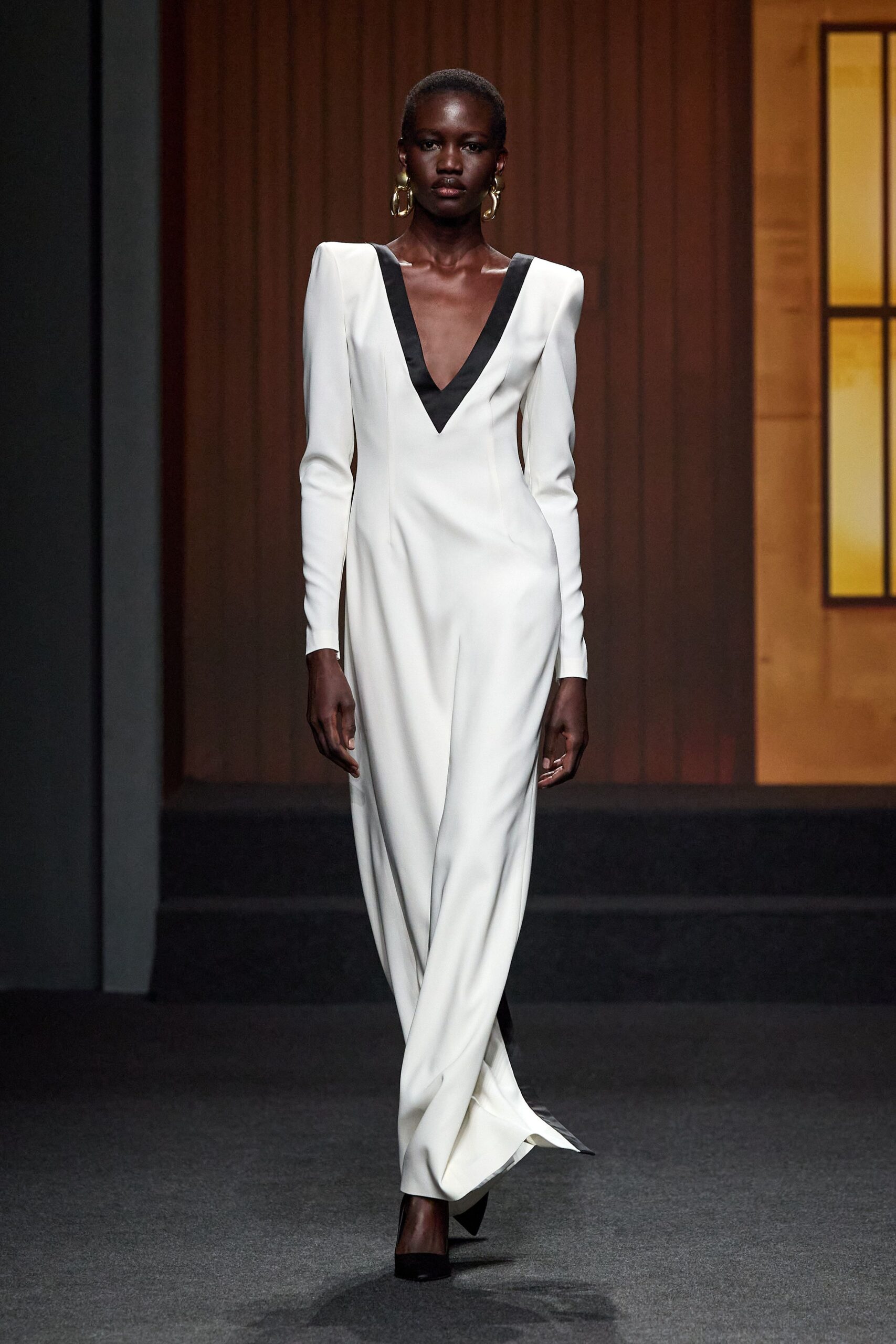 white silk long-sleeve v-neck fitted maxi gown