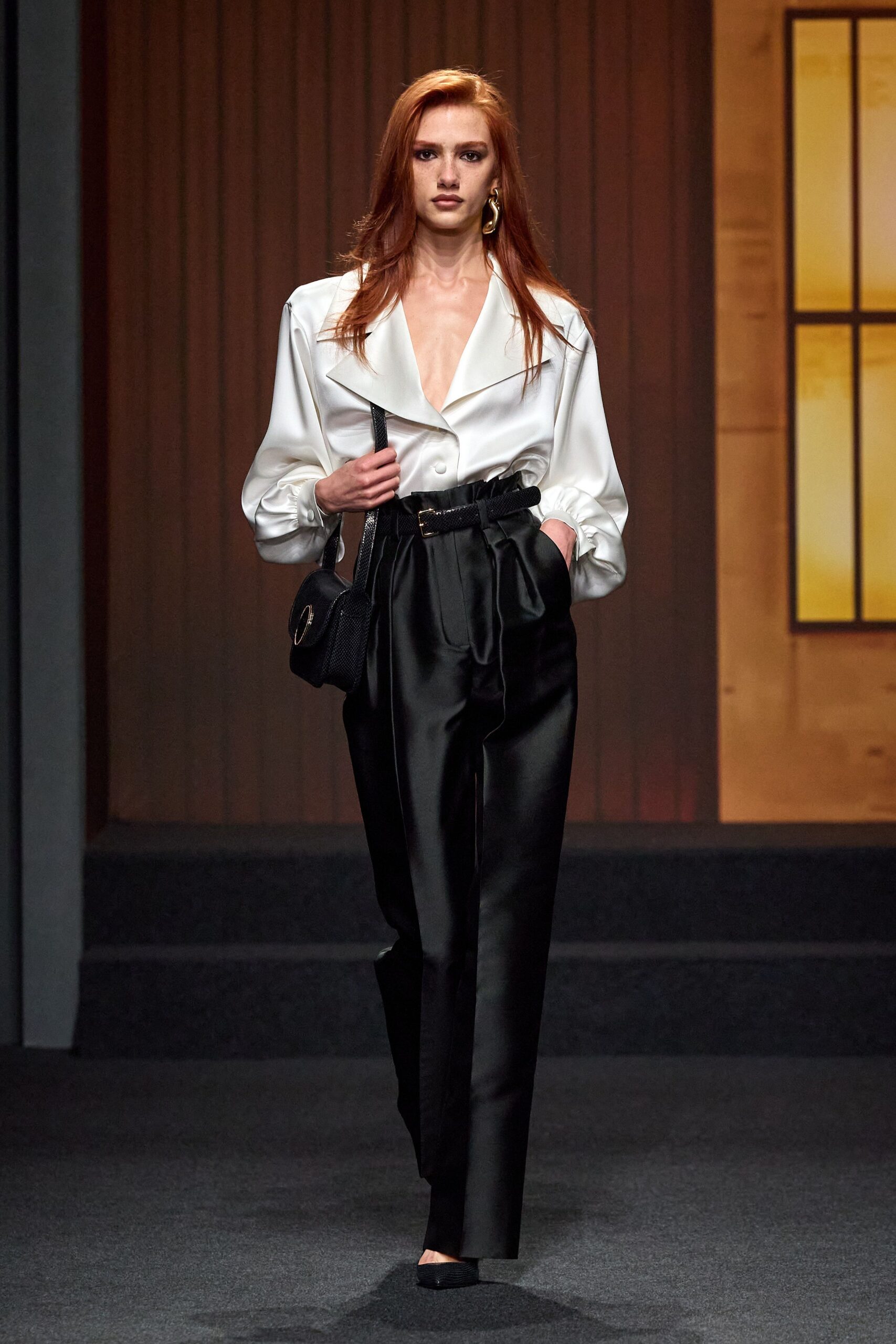 white silk long-sleeve v-neck relaxed buttoned blouse