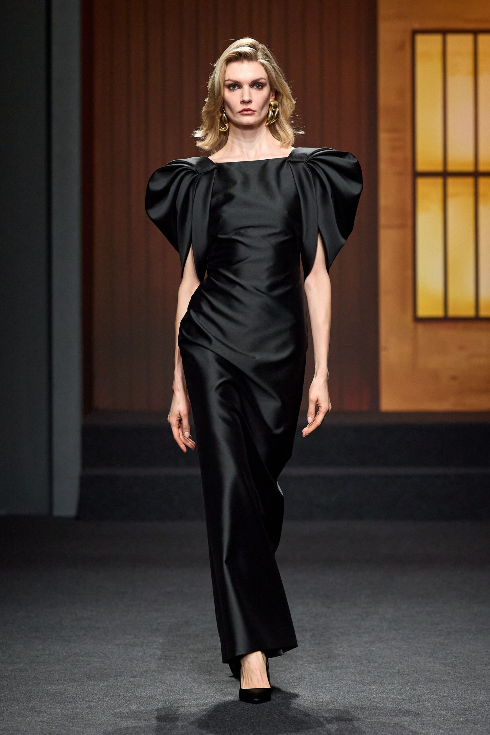 black silk short-sleeve v-neck fitted draped maxi gown