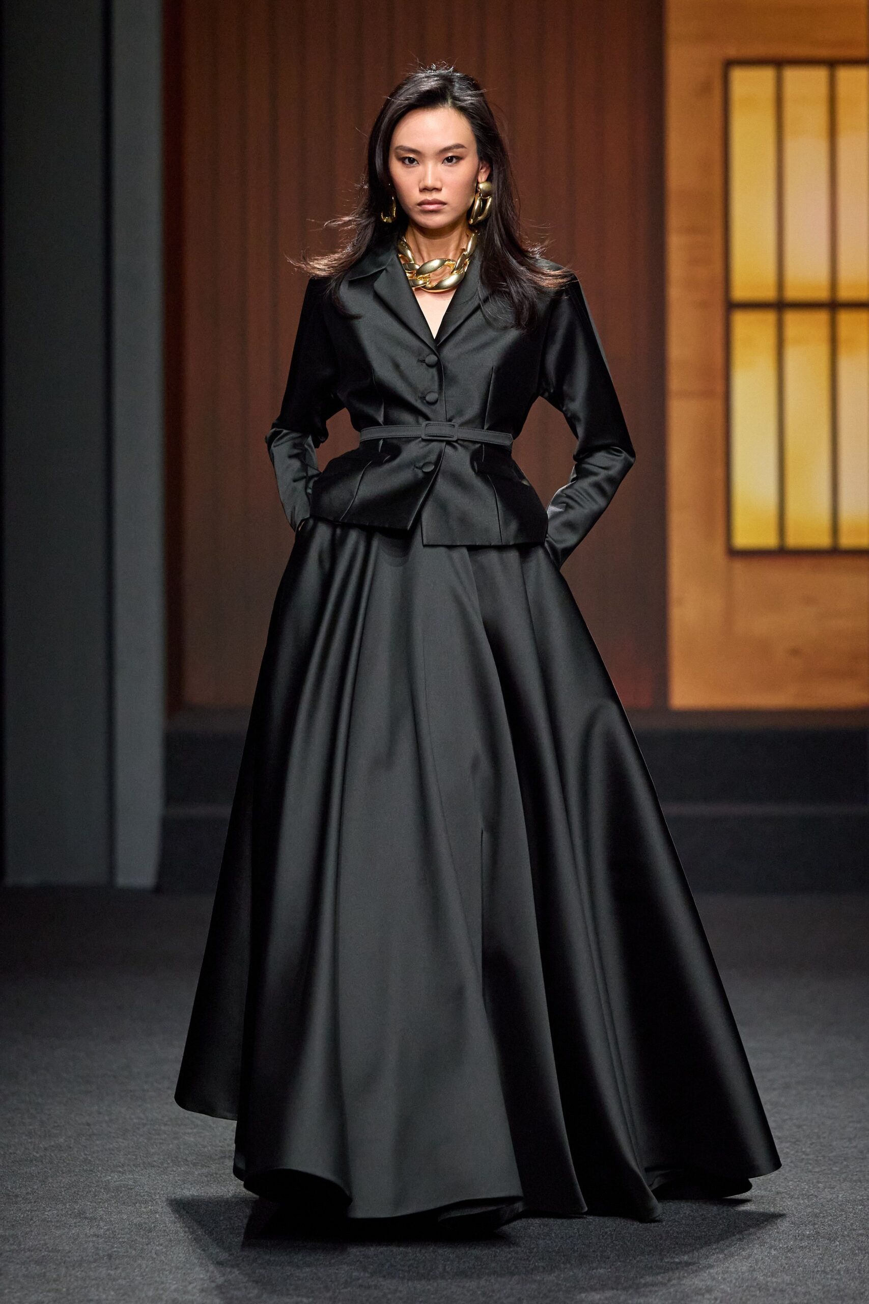 black satin fitted flared maxi gown