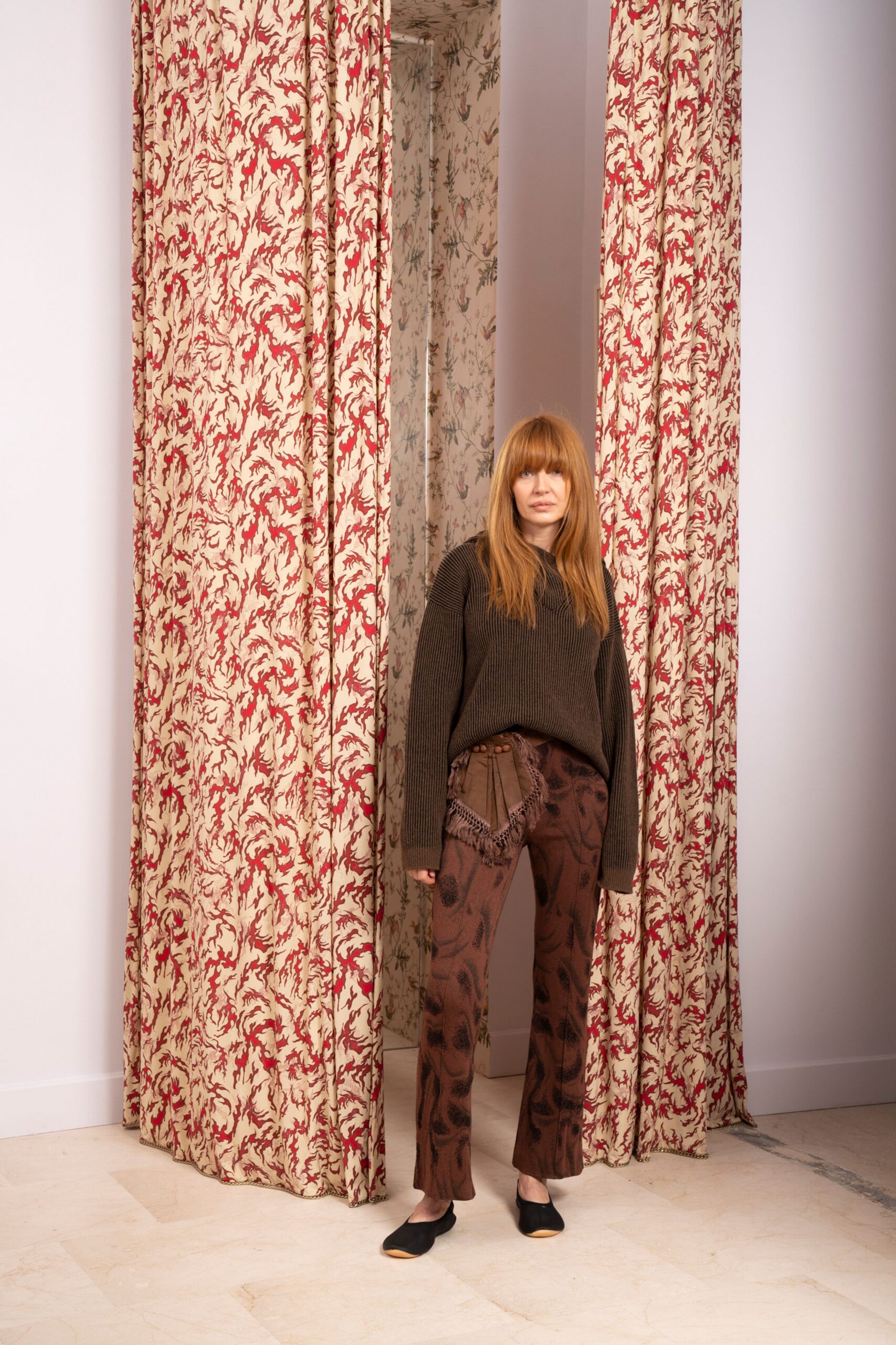 brown wool long-sleeve v-neck relaxed sweater