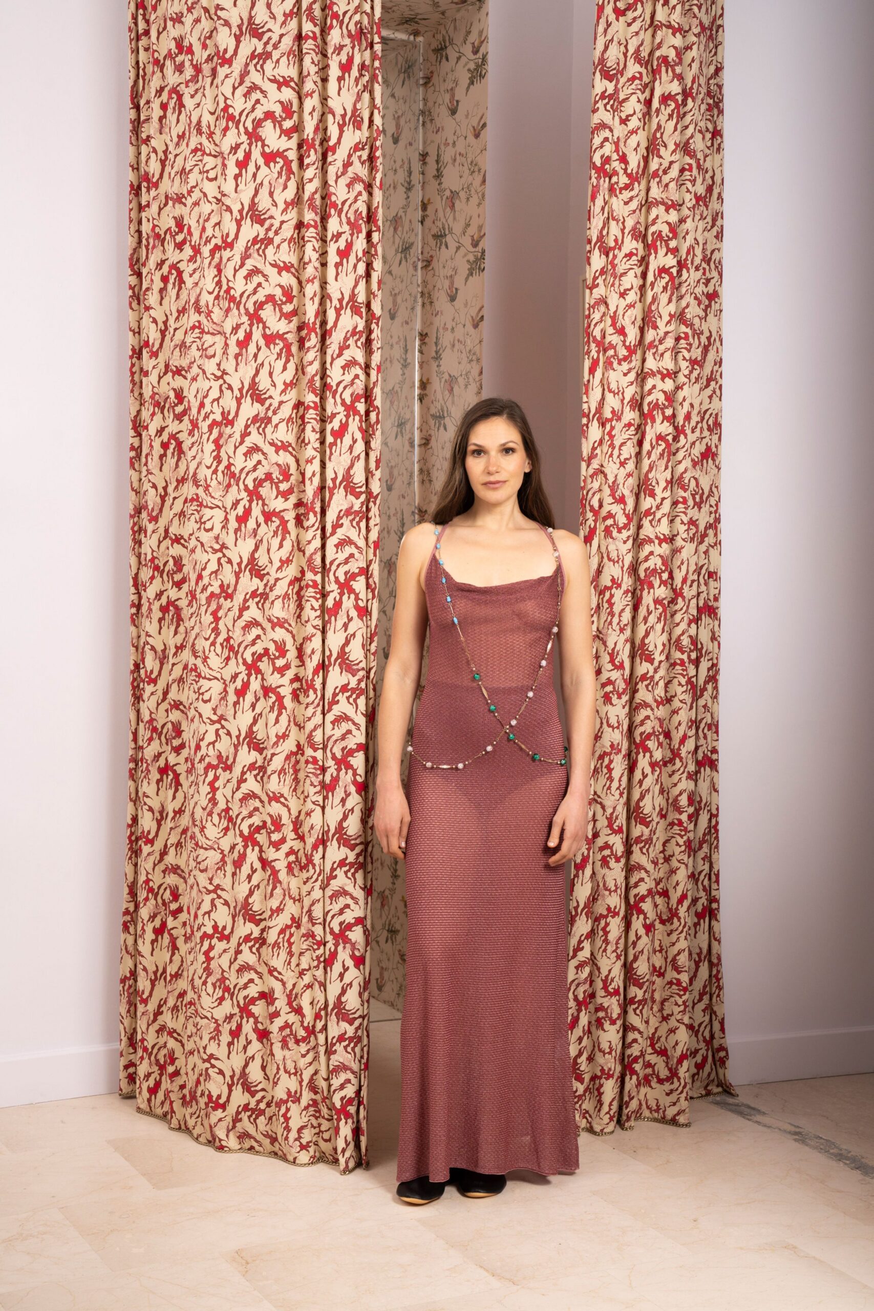pink silk sleeveless v-neck fitted straight-leg shiny dress