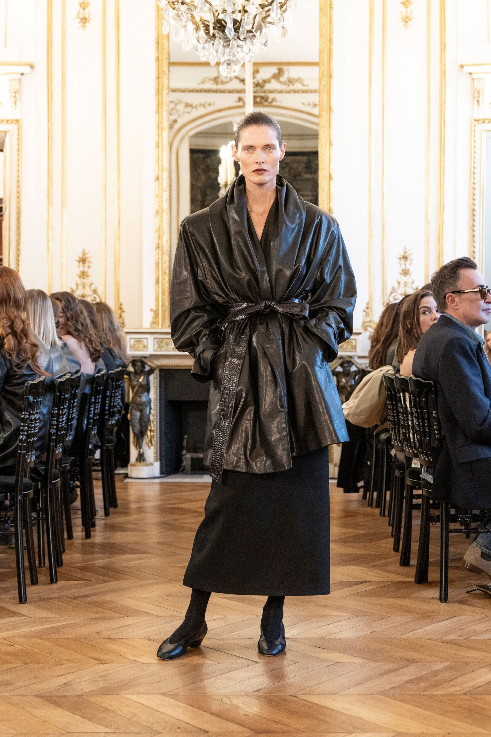 black leather long-sleeve collared oversized belted coat
