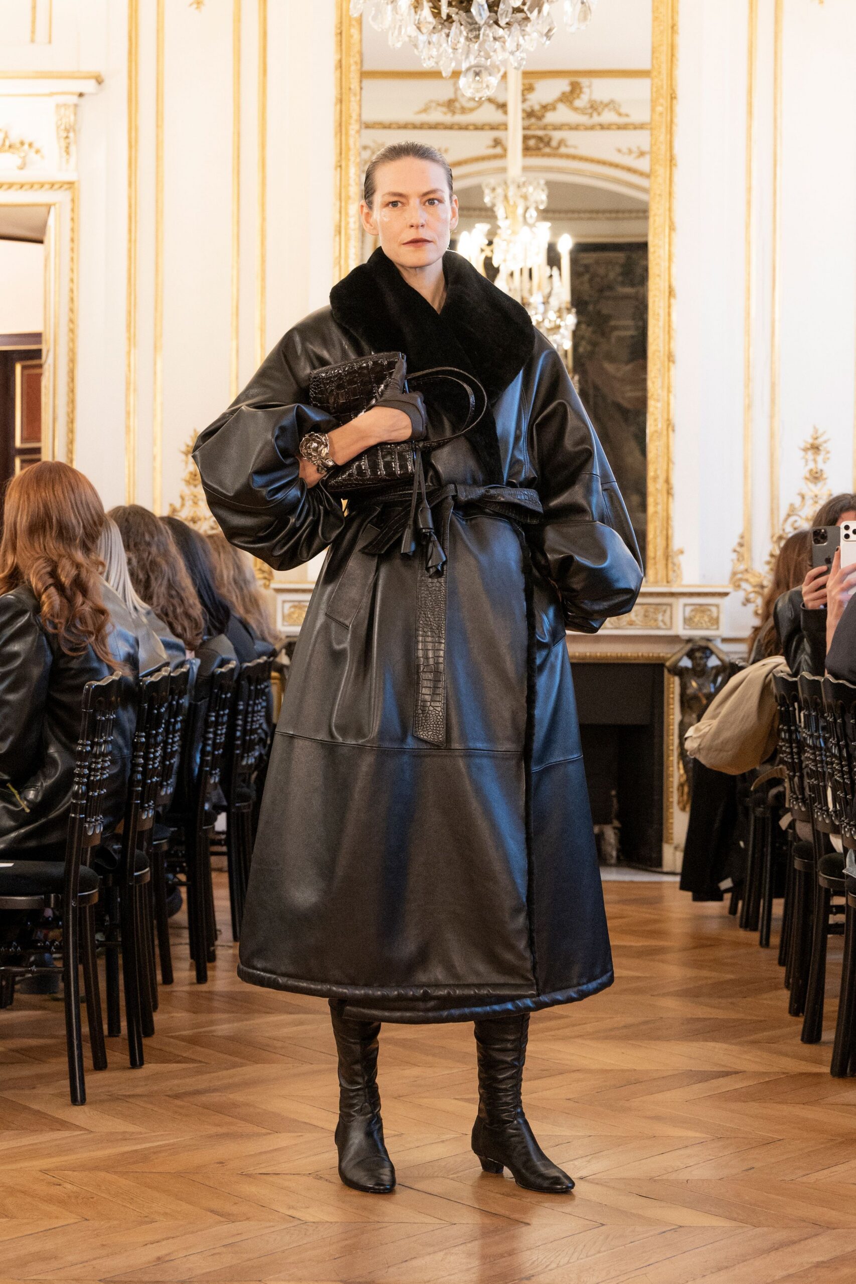 black leather long-sleeve collared fitted belted midi coat