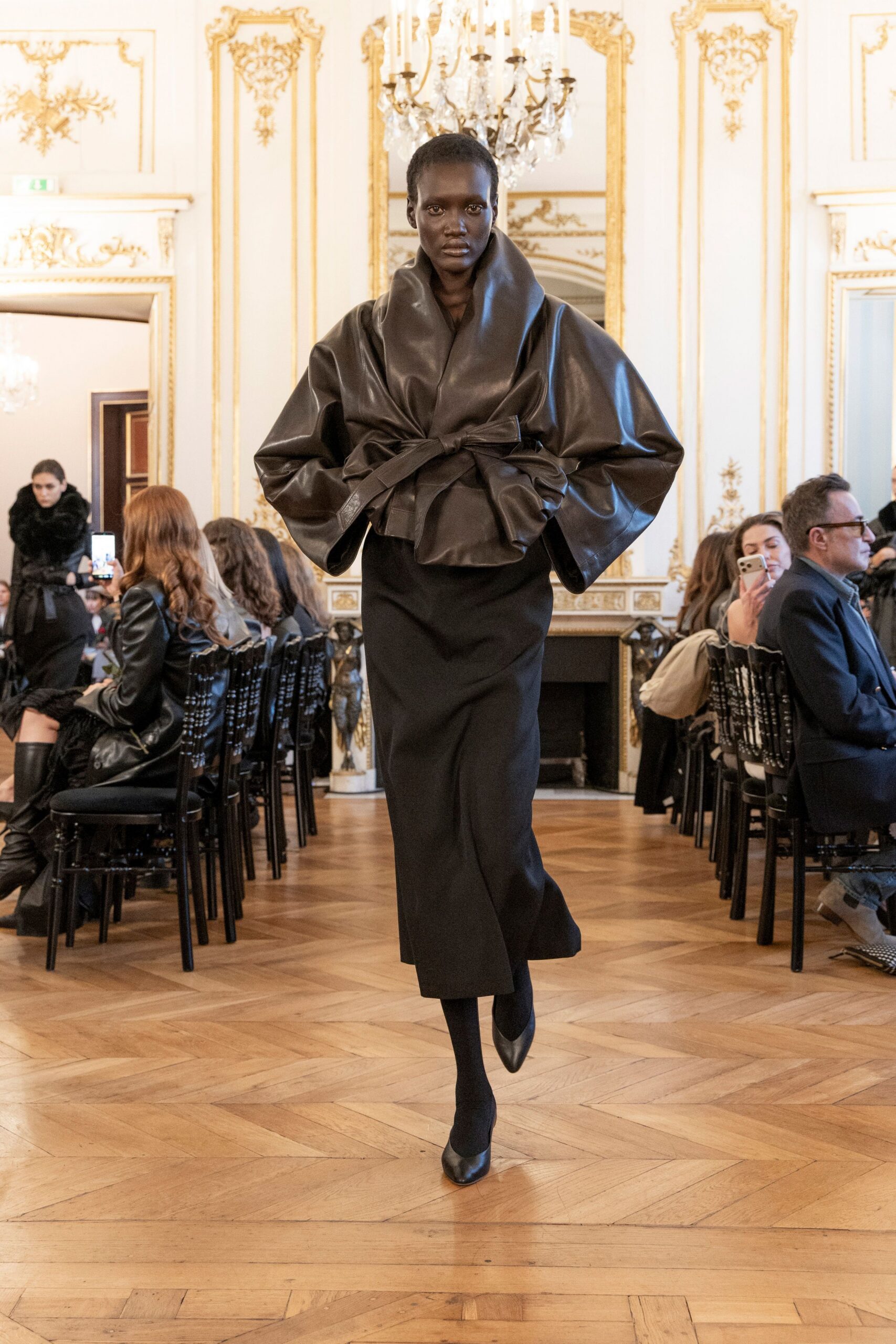 brown leather long-sleeve collared relaxed belted jacket
