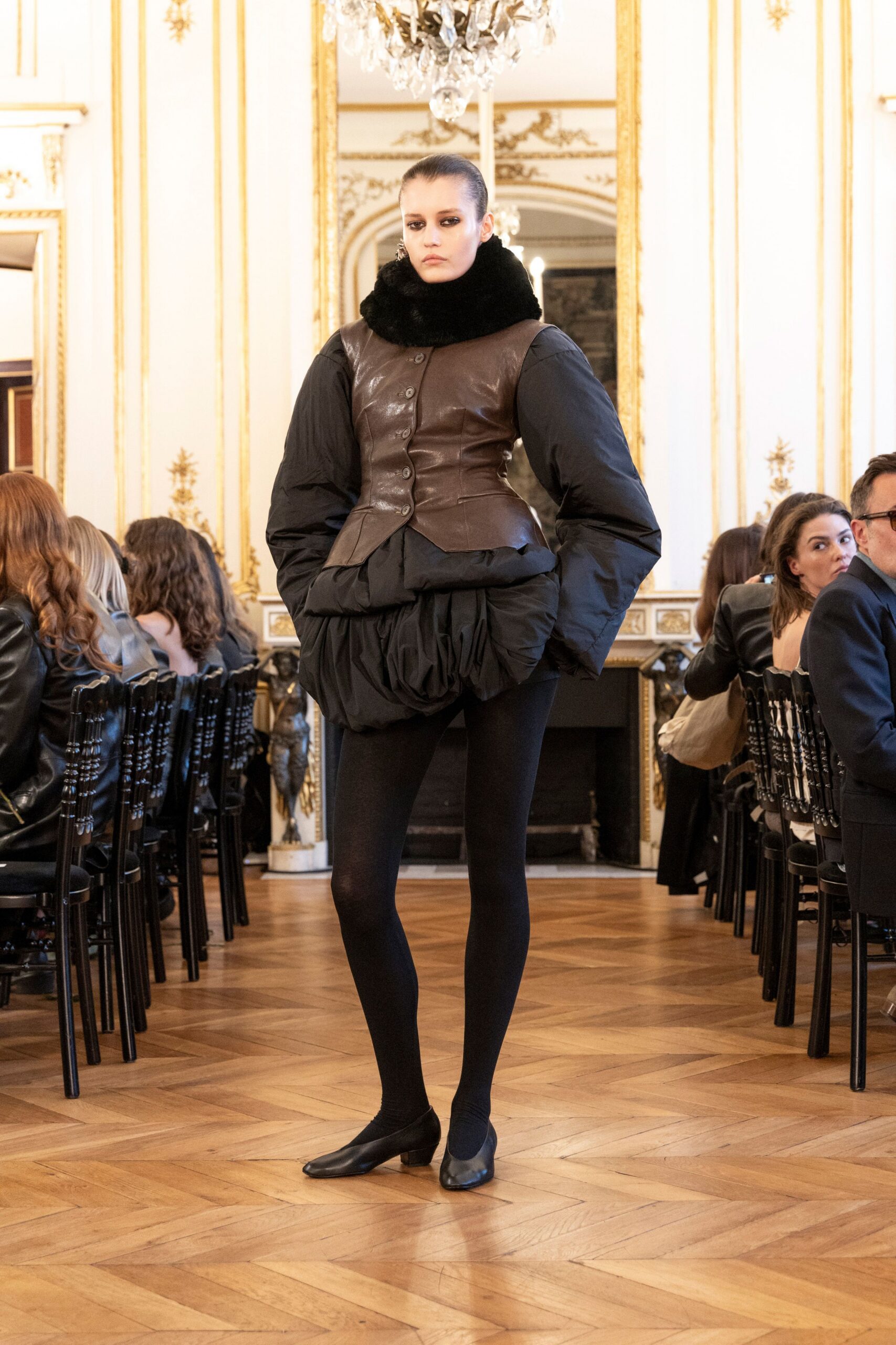 brown leather long-sleeve collared fitted buttoned padded jacket