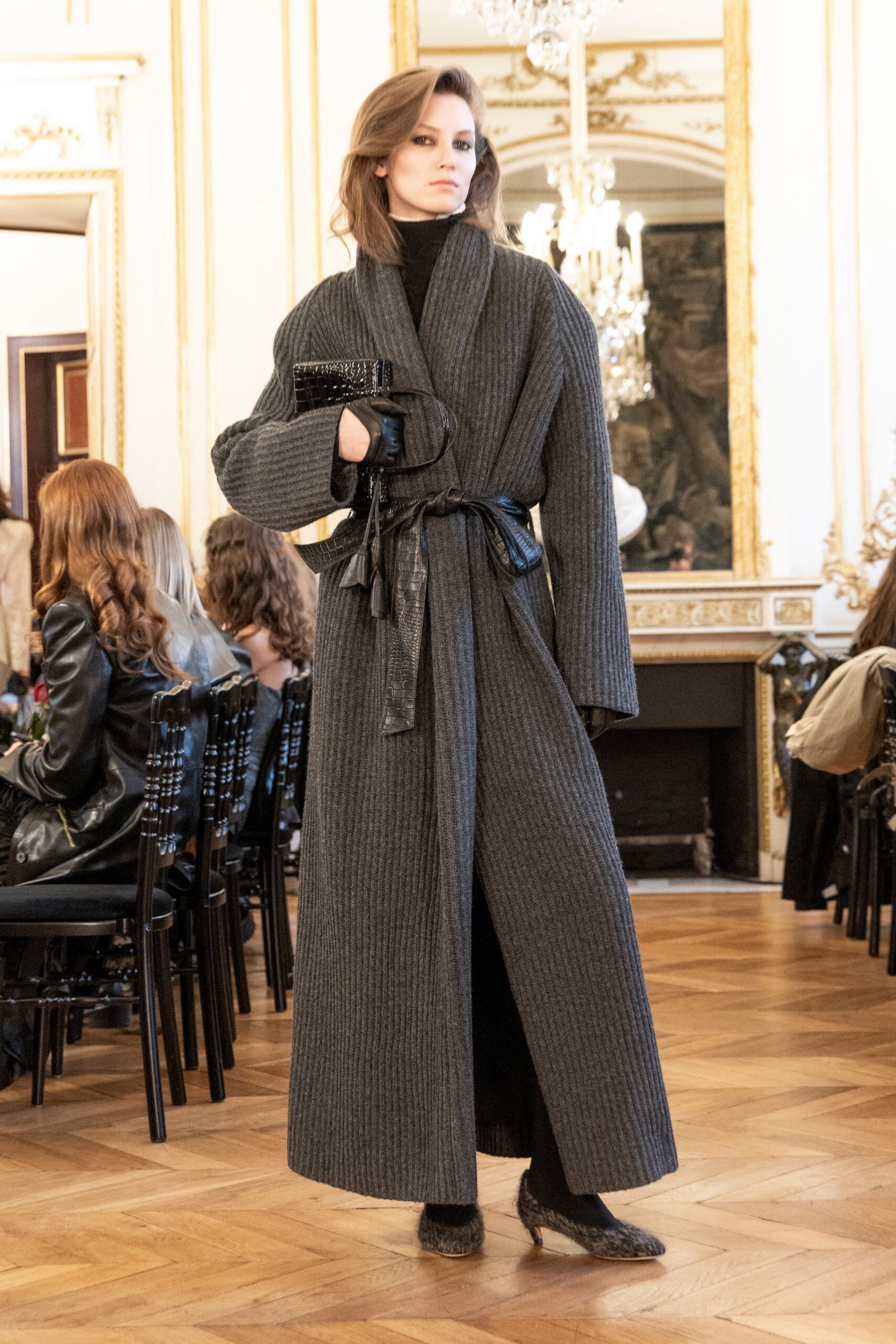 gray wool long-sleeve collared relaxed belted textured coat