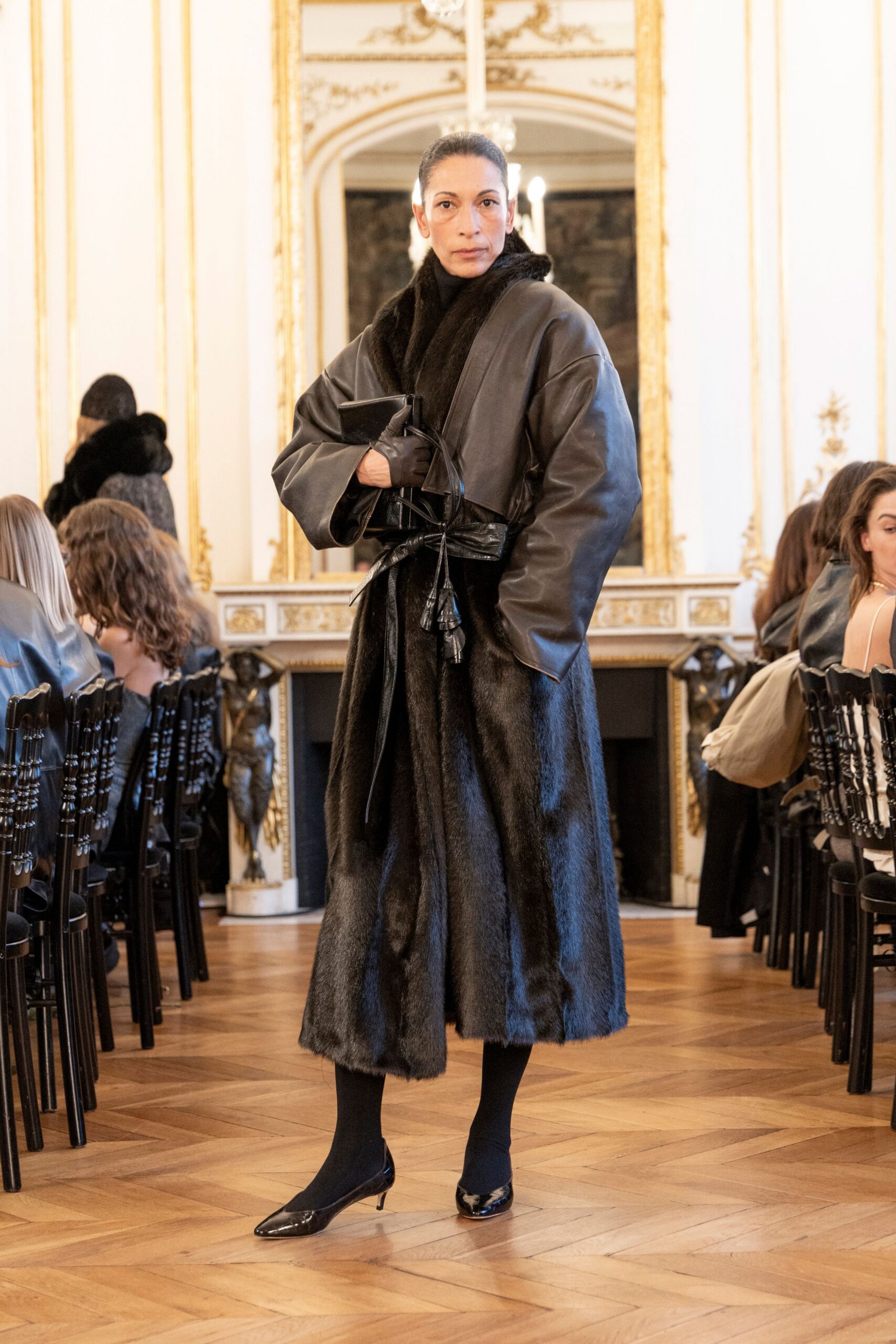 black leather long-sleeve collared relaxed belted midi coat