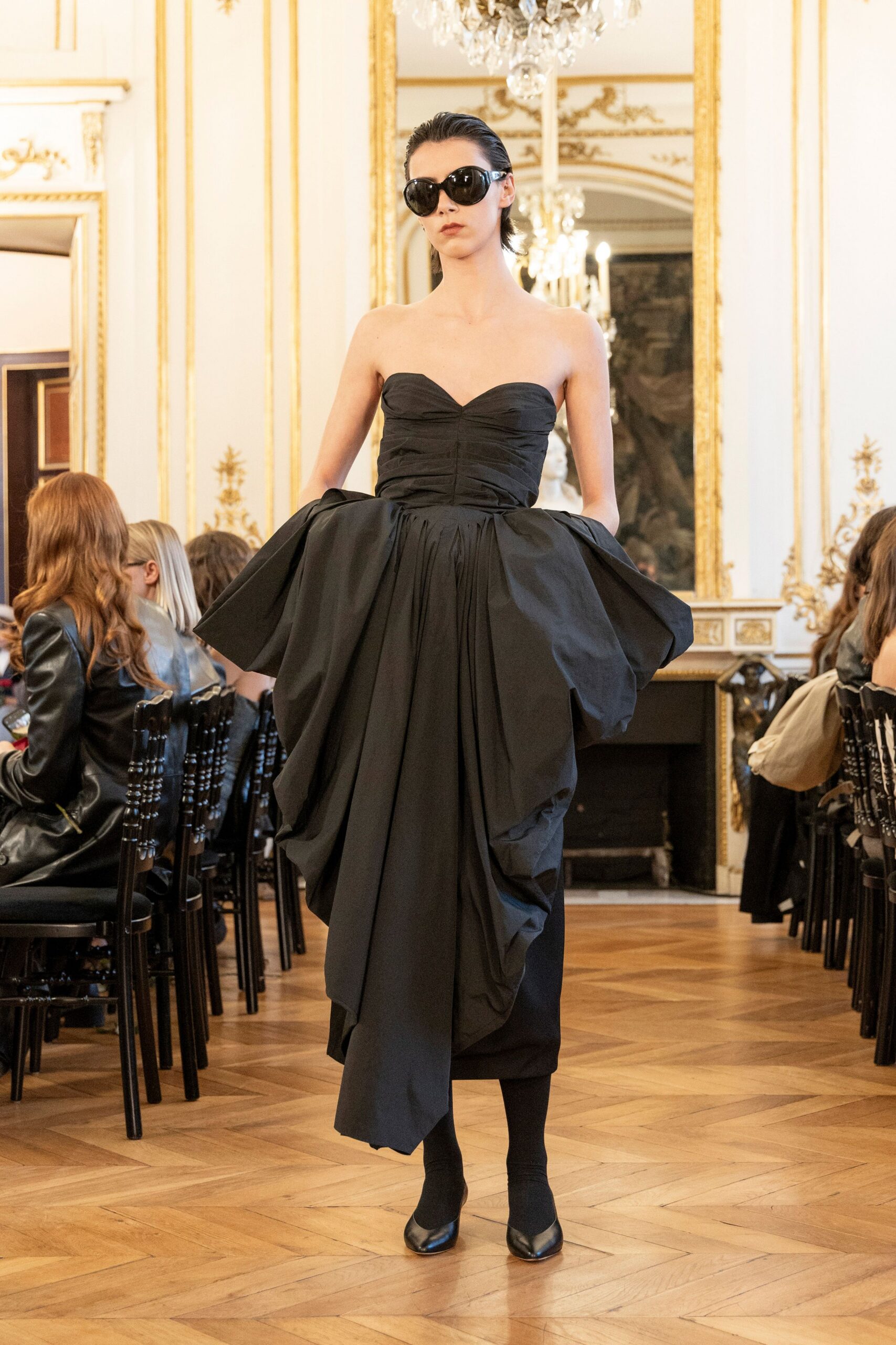 black silk strapless fitted draped maxi gown