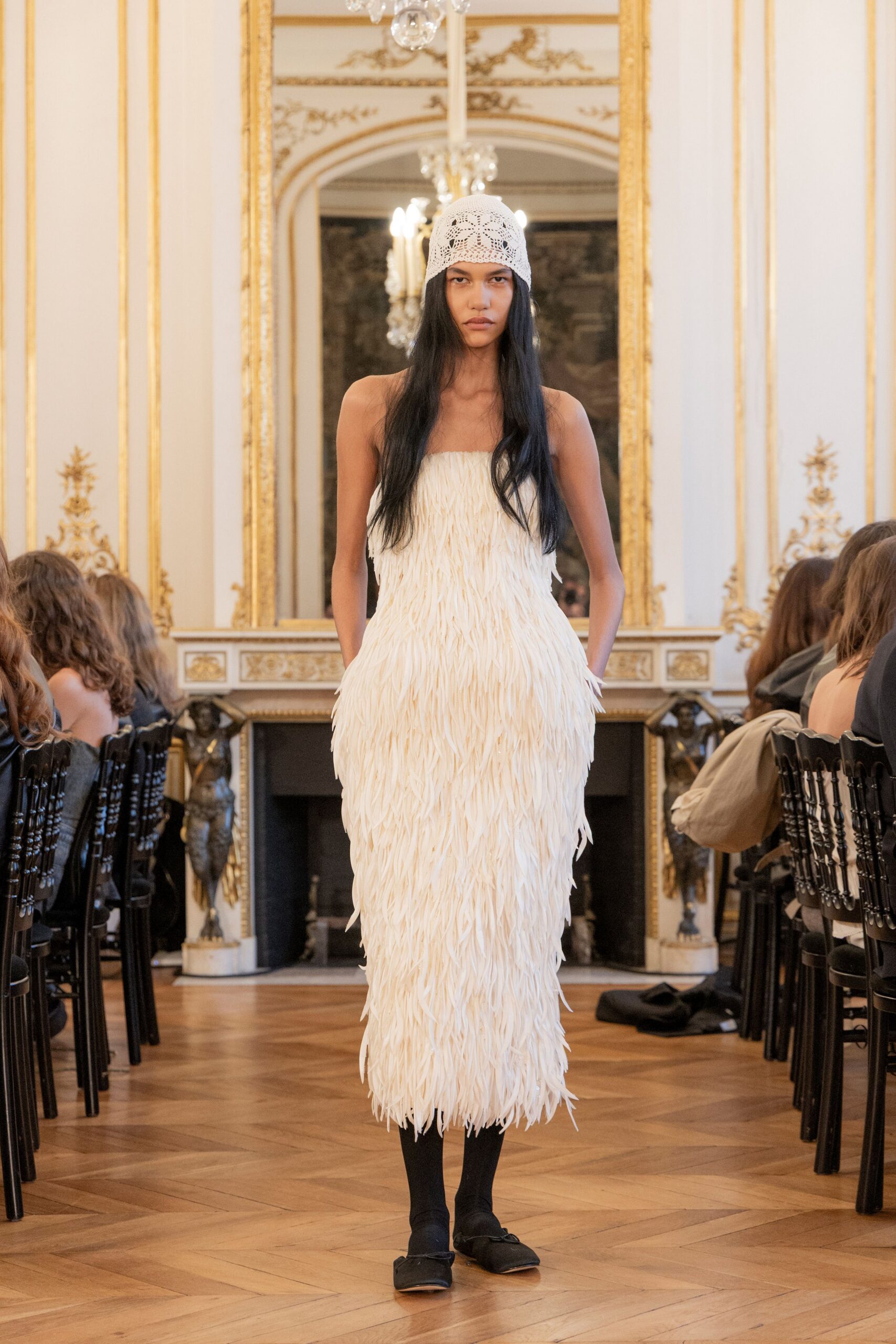 white silk strapless fitted fringed midi dress