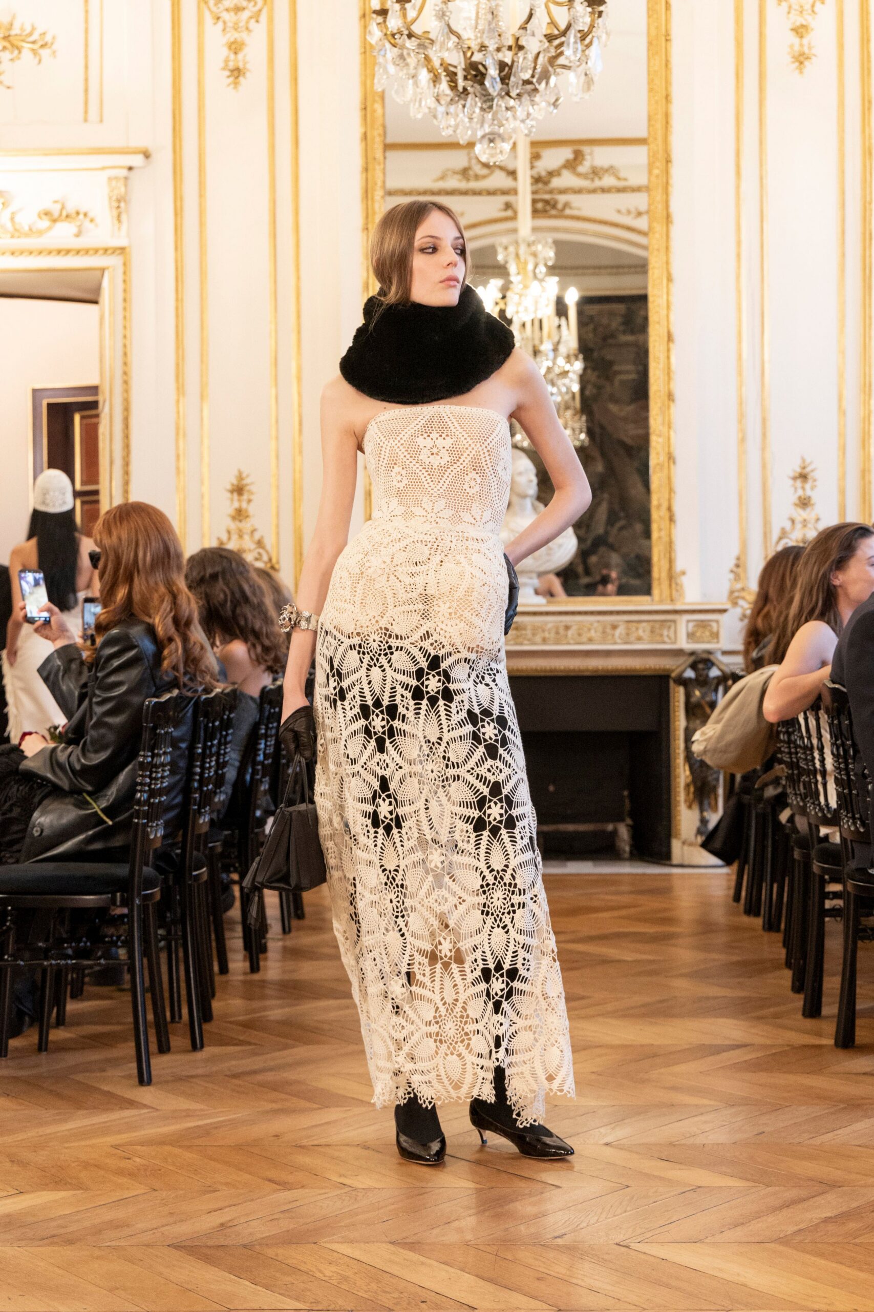 white lace strapless fitted embroidered tiered maxi gown