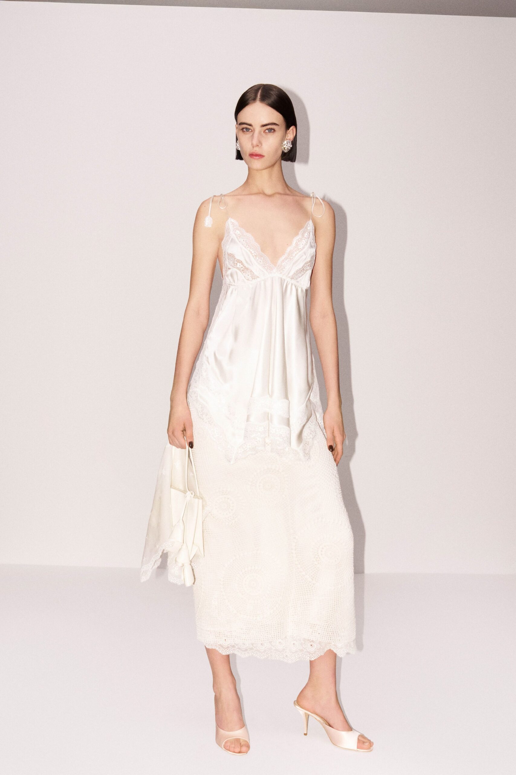 white silk sleeveless v-neck fitted layered embroidered dress
