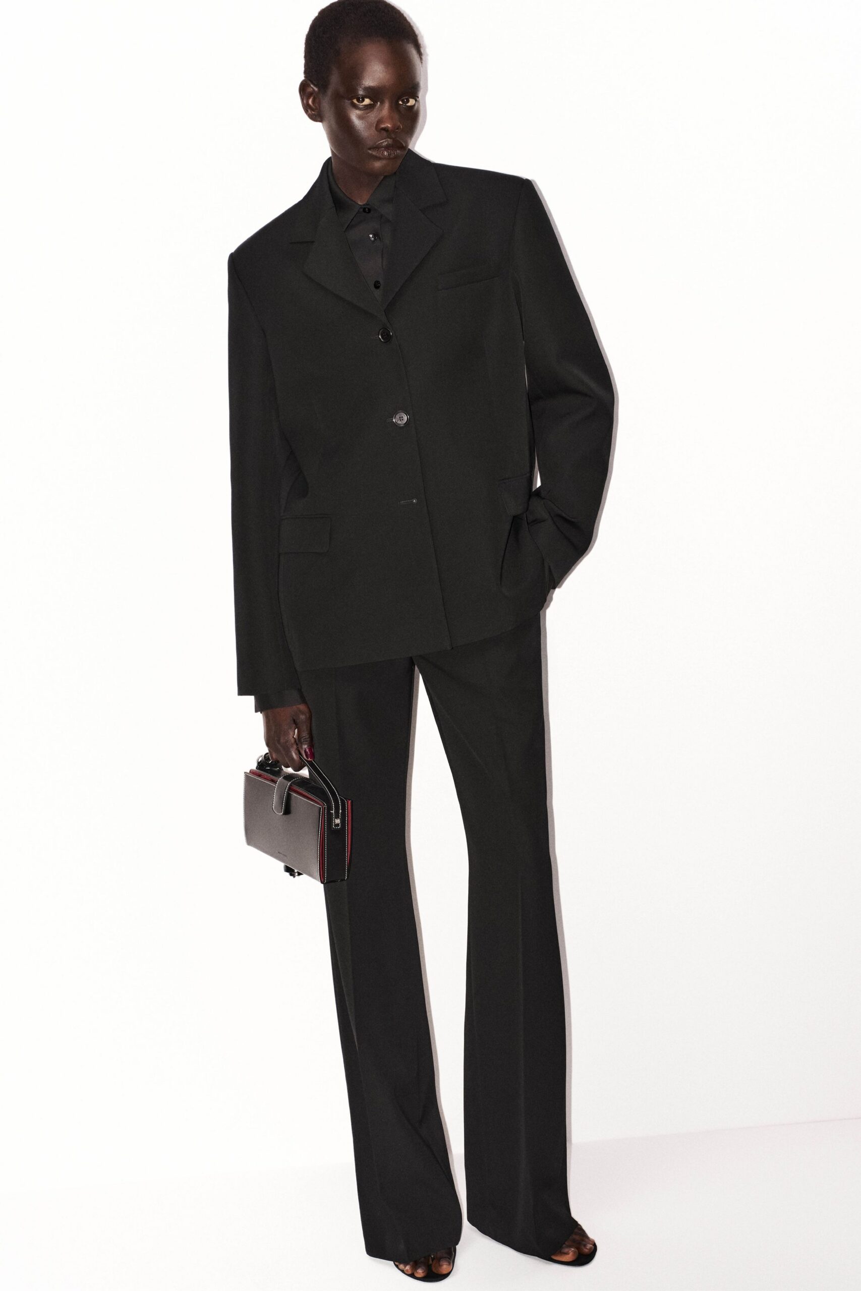 black wool tailored straight-leg pants