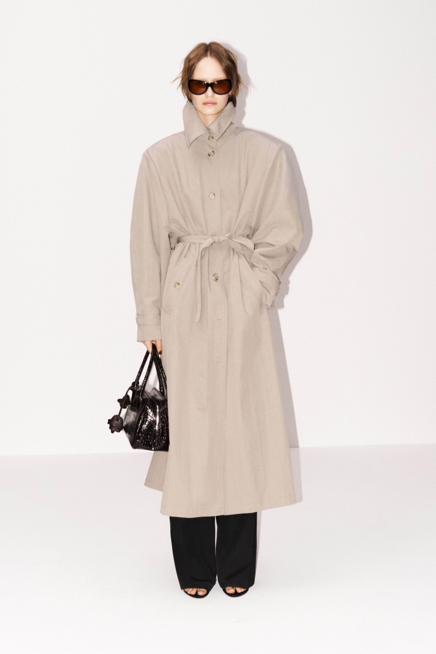 beige cotton long-sleeve collared relaxed belted buttoned coat