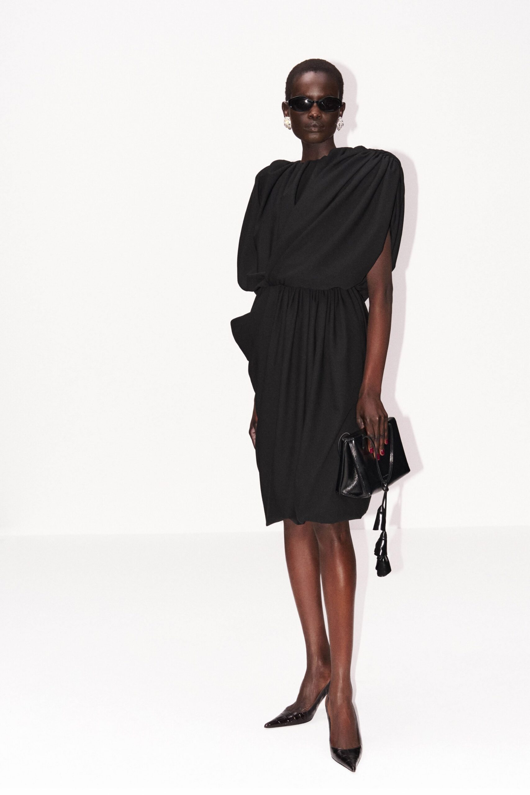 black cotton short-sleeve v-neck fitted draped belted dress