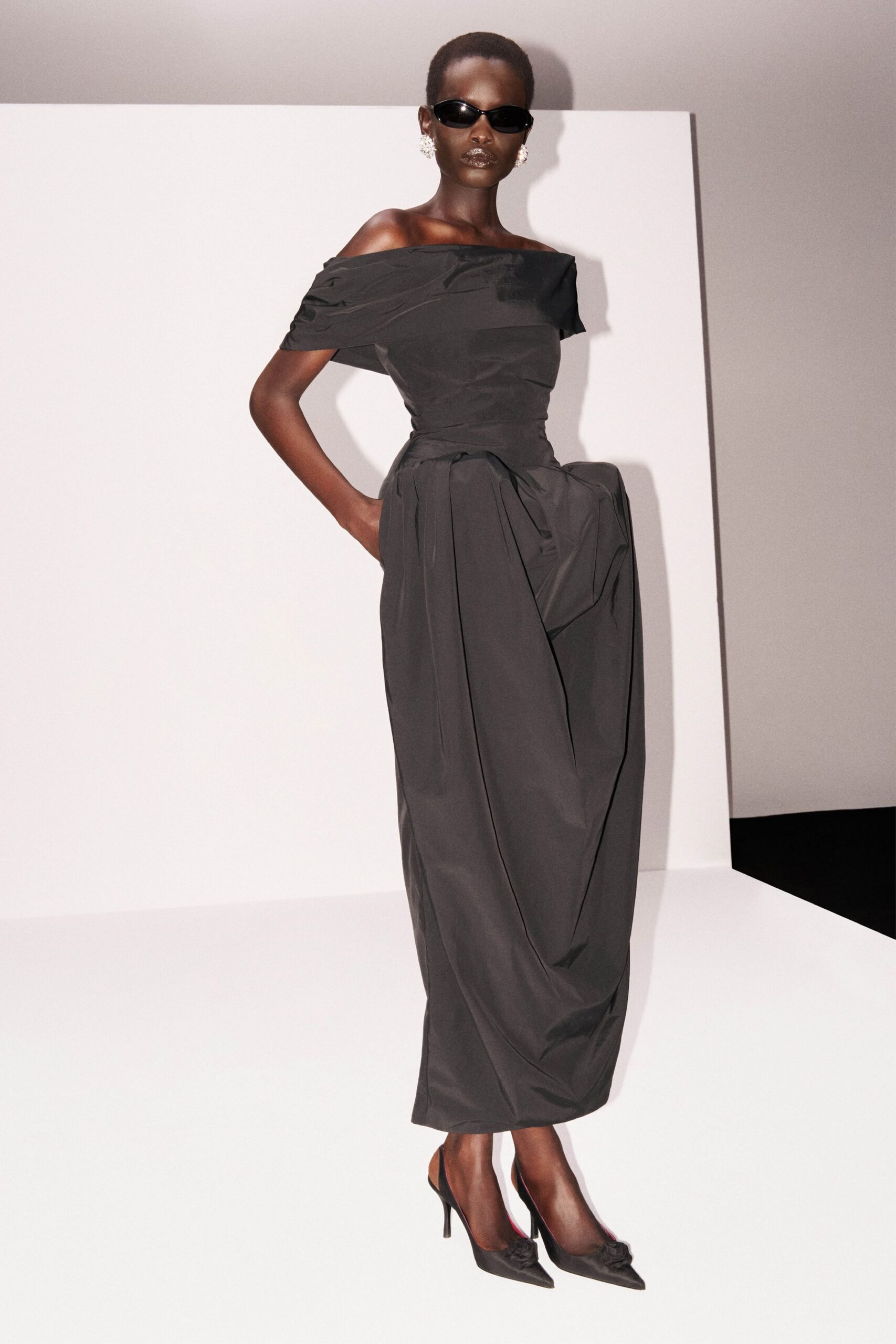 black cotton off-shoulder fitted pleated midi dress