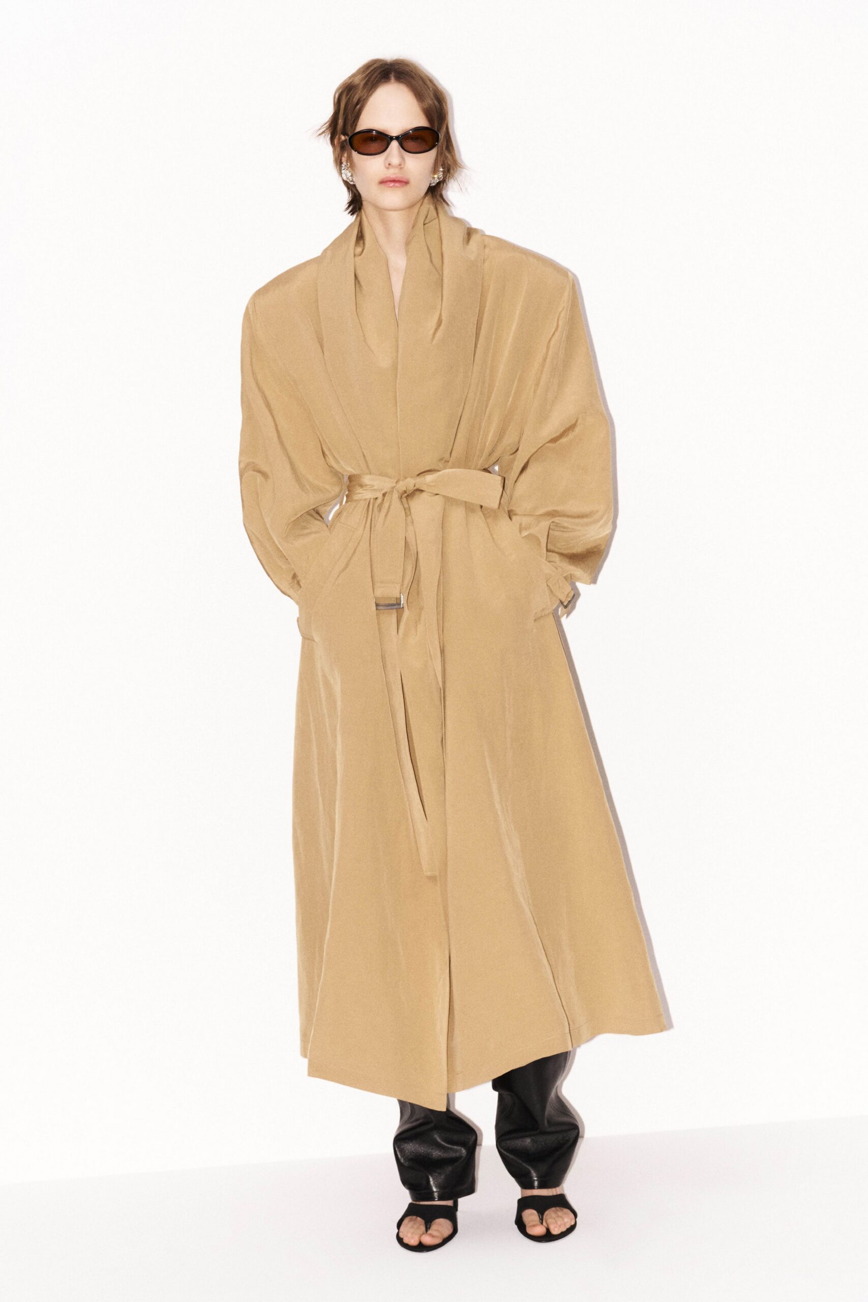 beige silk long-sleeve collared relaxed belted maxi coat
