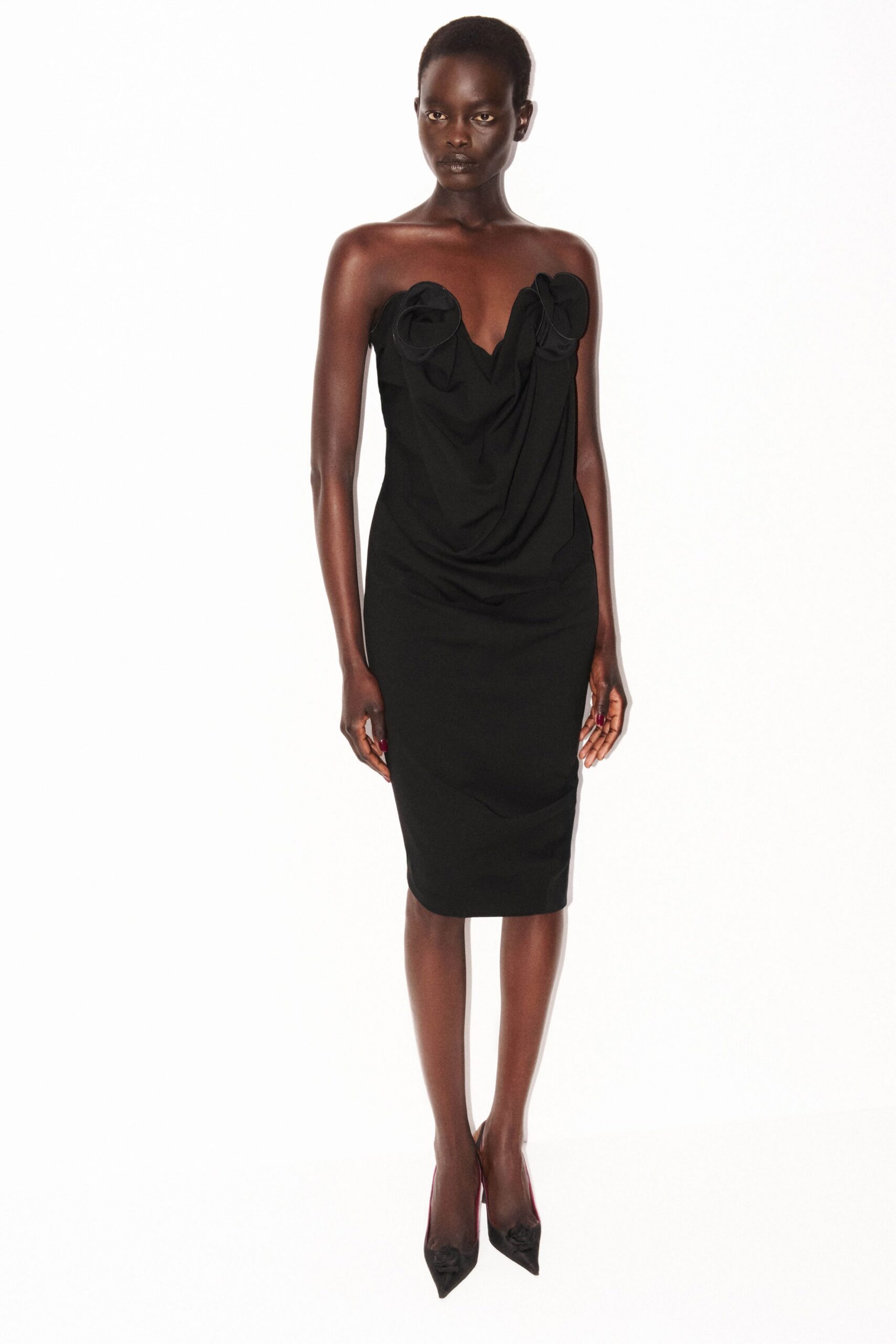 black silk strapless v-neck fitted draped midi dress