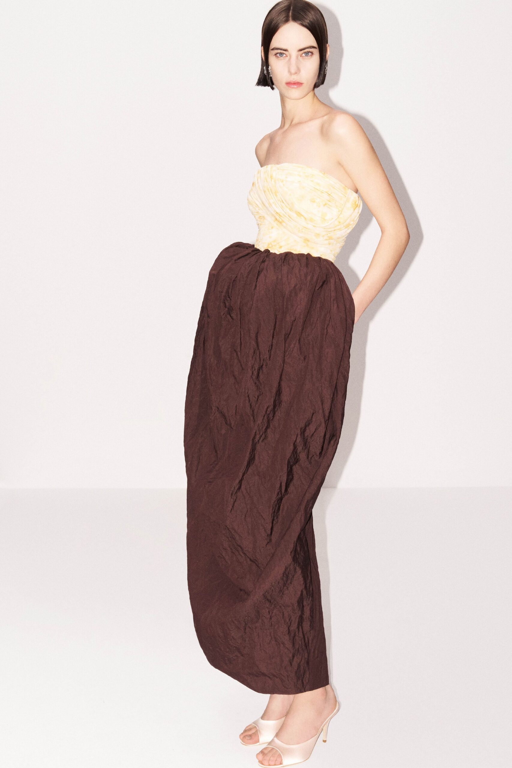 yellow silk strapless fitted draped maxi gown